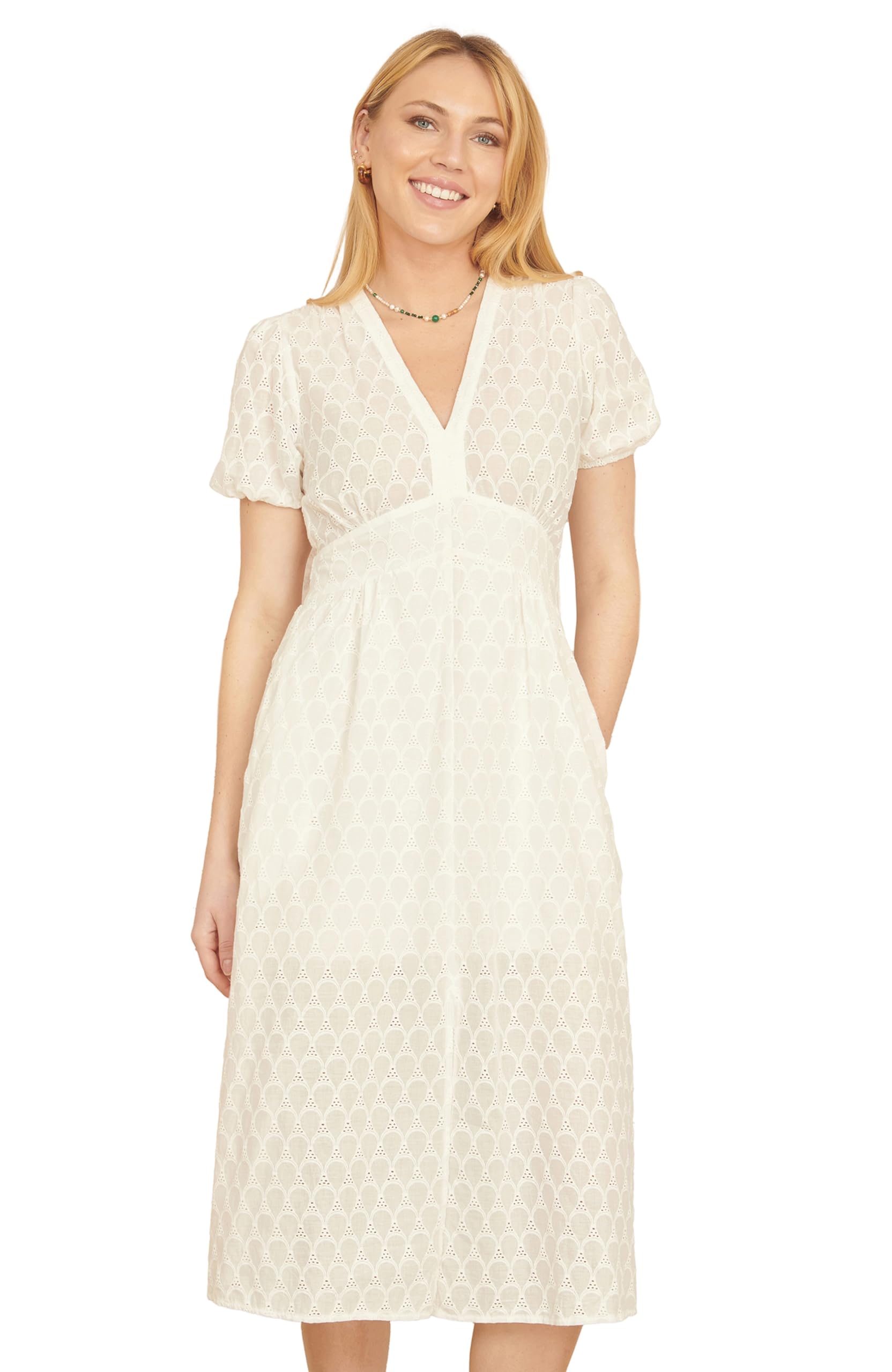 Yumi White Broderie Anglaise Midi Dress with Split Hemline (UK, Numeric, 8, Regular, Regular, White)