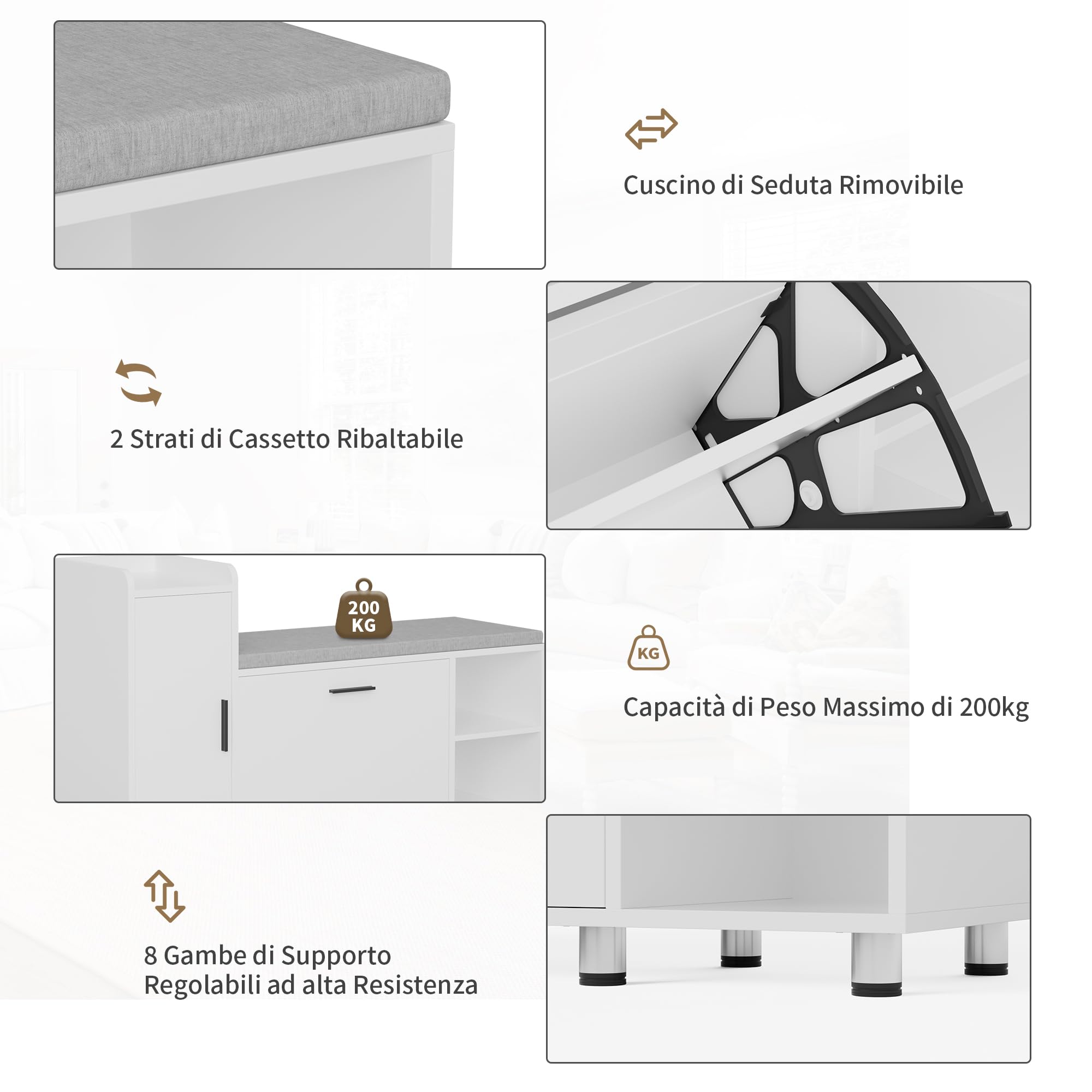 BonVache Panca Scarpiera da ingresso, altezza regolabile, organizzatore scarpe con armadio di archiviazione e 3 spazi aperti, per ingresso, corridoio, anticamera, 105 x 34 x 67 cm, Bianco