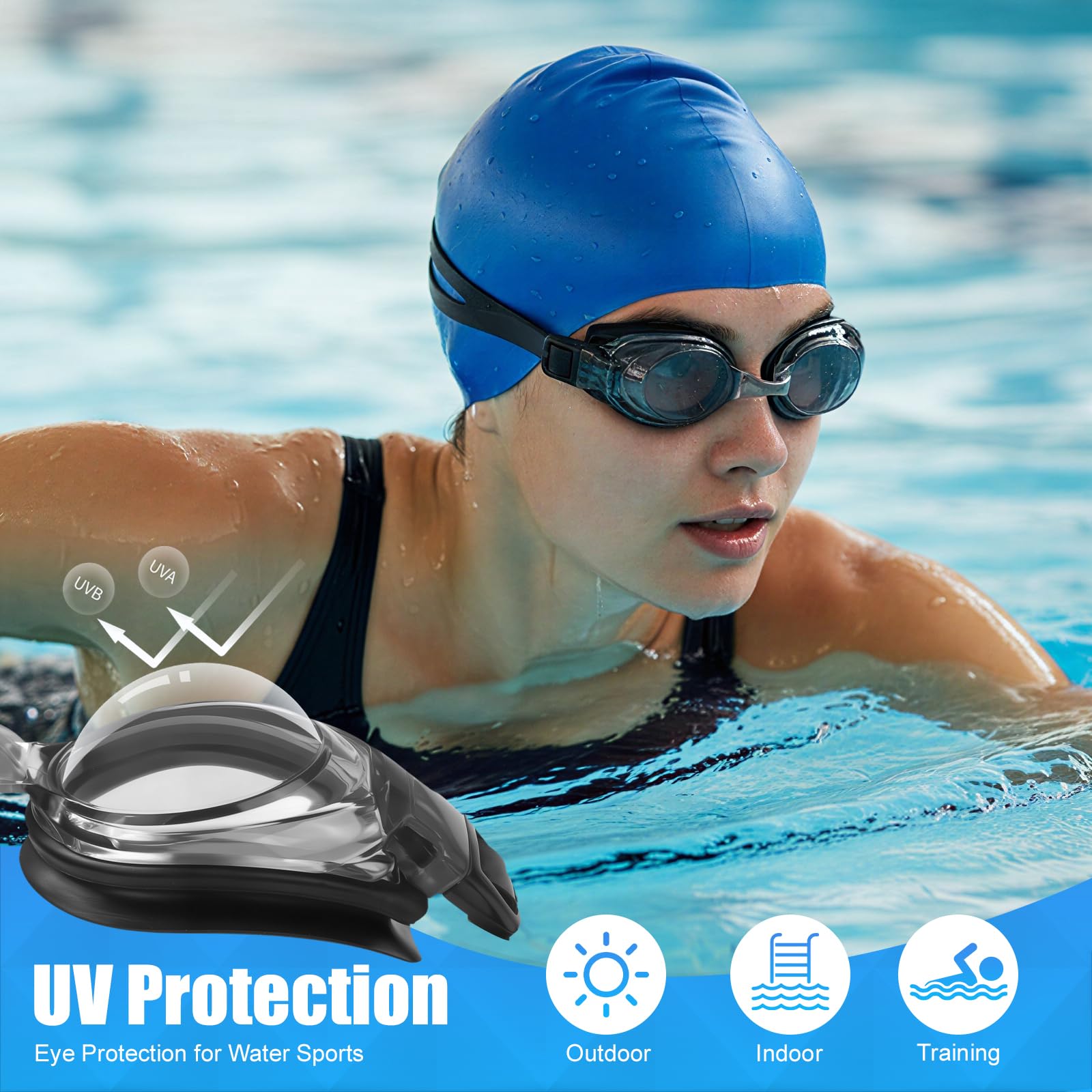 Gafas de natación antivaho para hombres y mujeres, protección UV, sin fugas (negro)