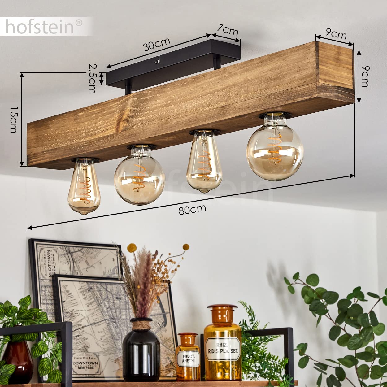 HOFSTEIN Deckenleuchte Berat, Deckenlampe aus Metall/Holz in Schwarz/Naturfarben, moderne Leuchte im Retro/Vintage-Design mit Holzbalken, 4 x E27, Esszimmer, Schlafzimmer, Wohnzimmer, Küche