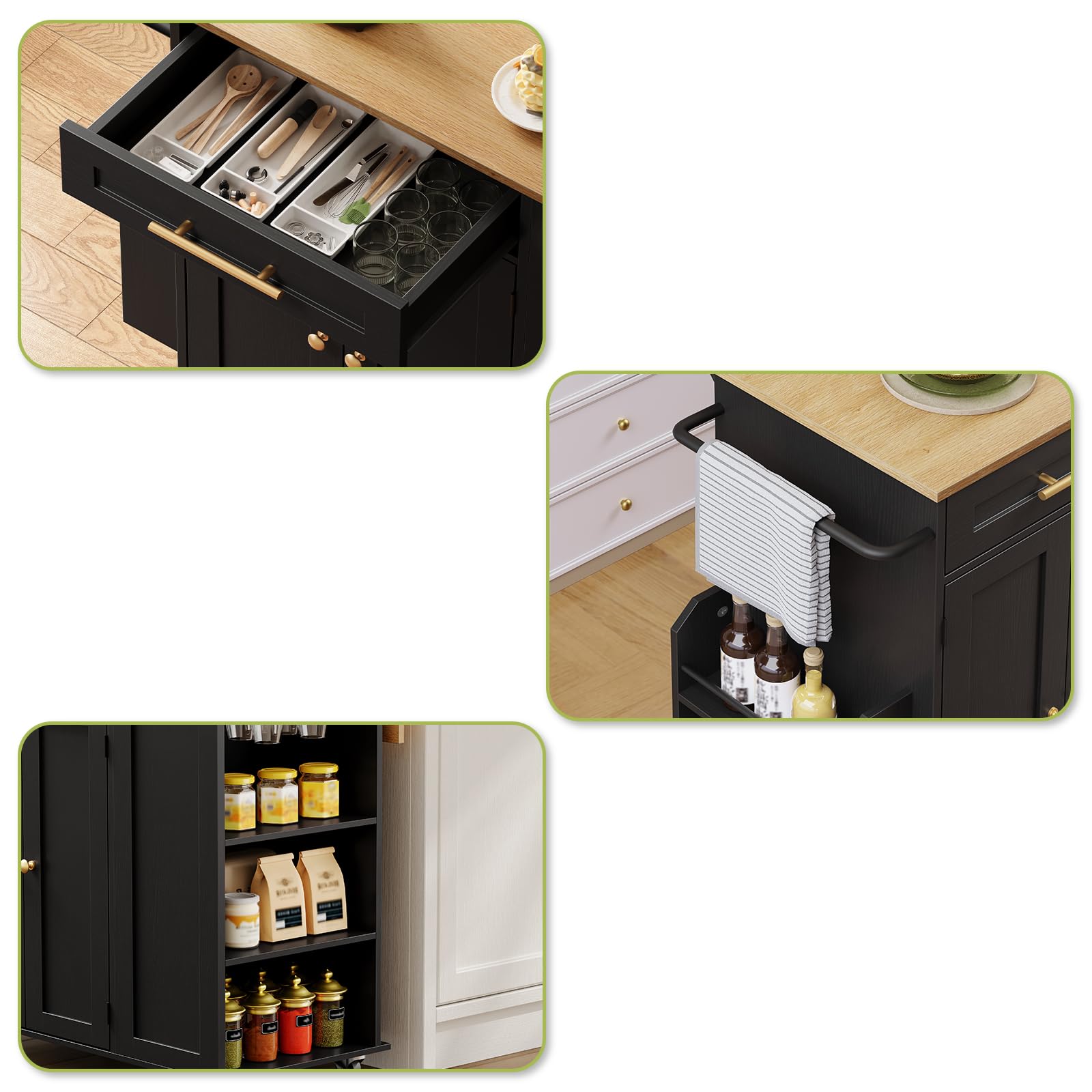Isola da Cucina con Piano Estensibile, Carrello da Cucina Mobile con Stazione di Ricarica, Doppie Ruote Bloccabili, Ripiano Regolabile e Cassetto, per Piccoli Spazi (Nero, Colore Naturale)