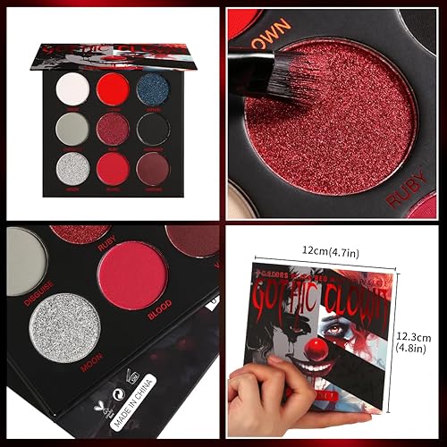 Miniatura 7 de Afflano Paleta de sombras de ojos negra y roja, maquillaje de payaso gótico de Halloween, paleta de sombra de ojos blanca plateada con purpurina