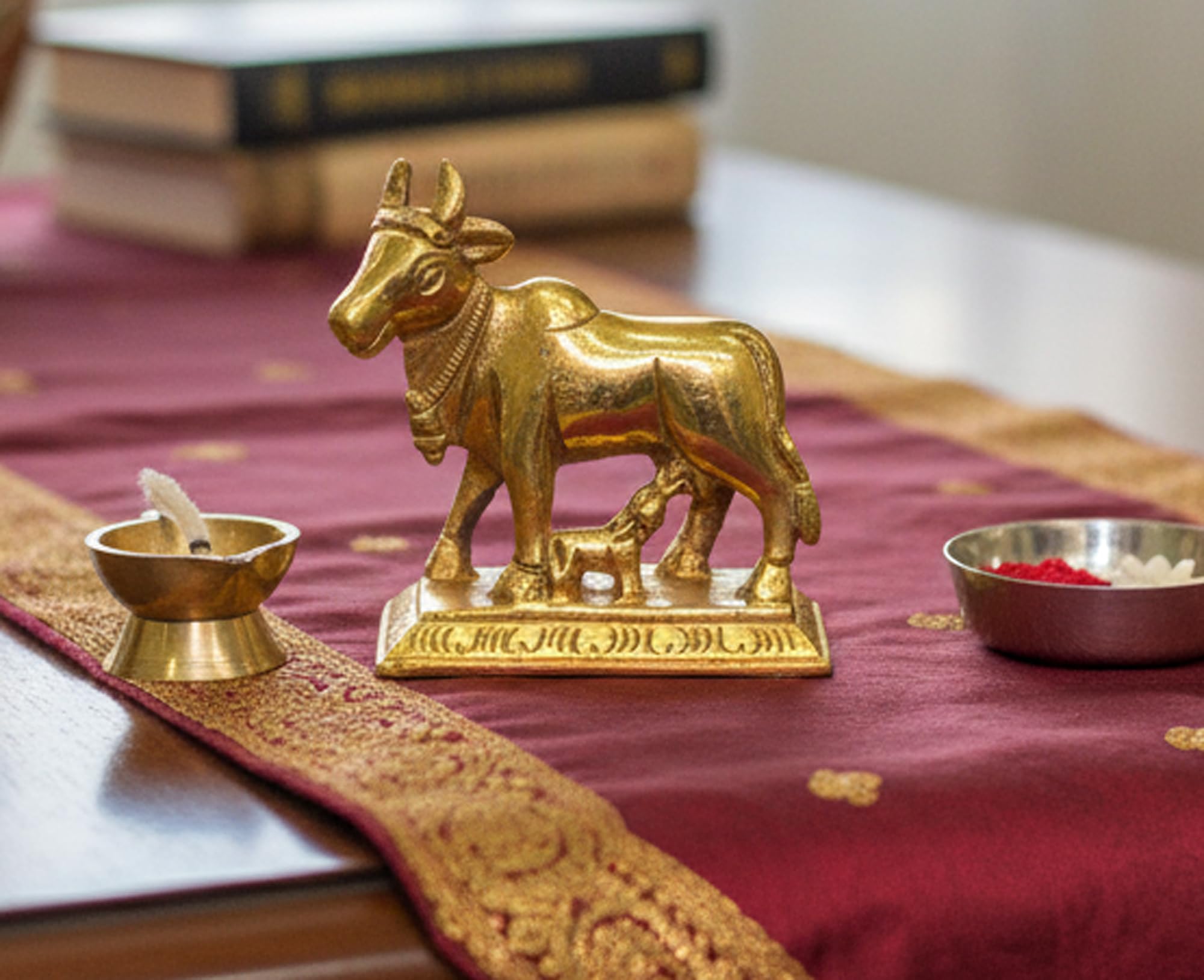 StonKraft - Brass Kamdhenu Kamadhenu Kamadhenu Cow with Calf - Murti Idol Statue Sculpture - 2.5" Inches