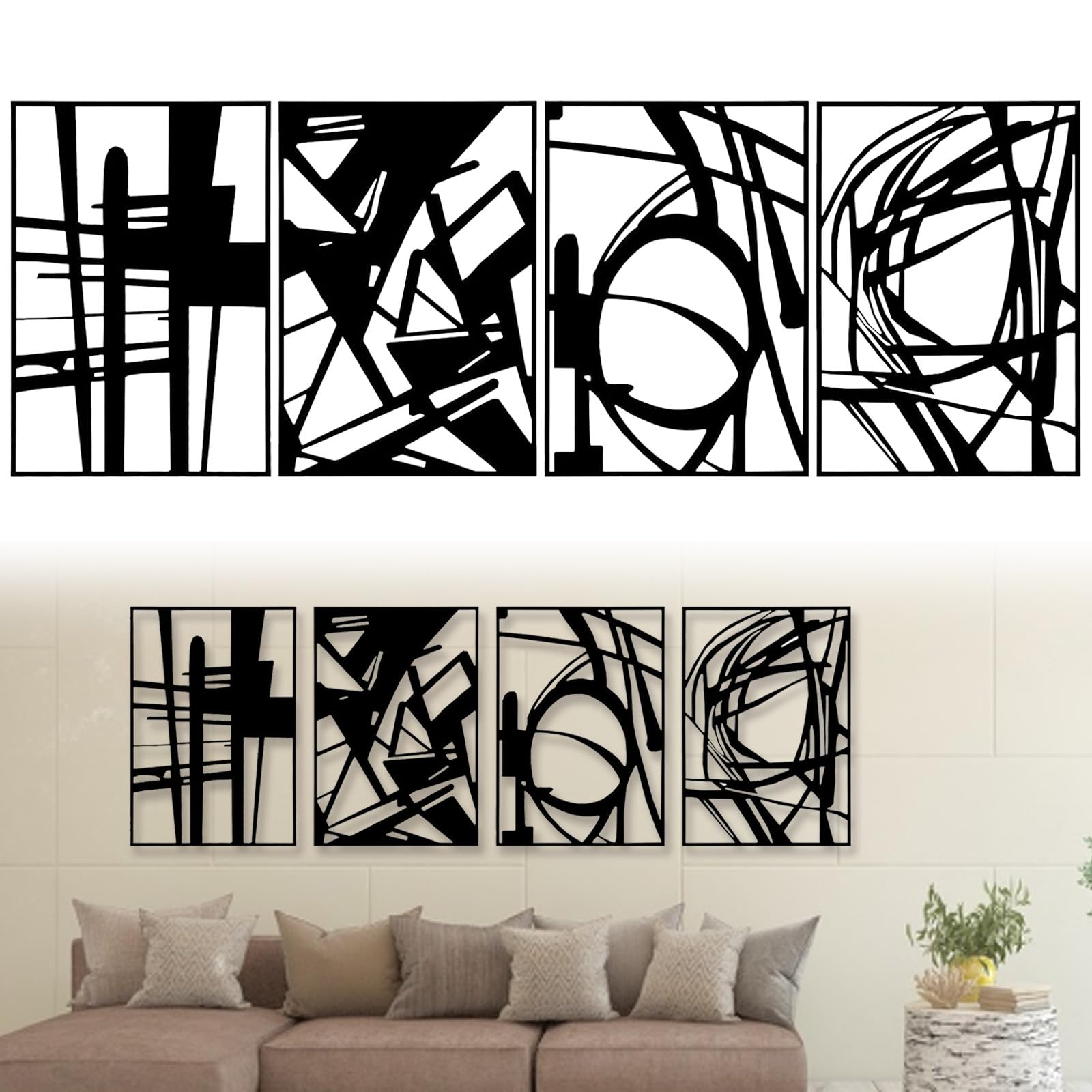 Decorazione Da Parete, 4 Pezzi Scultura Da Parete In Metallo Astratta Decorazione Da Parete Nera Quadri In Metallo Con Struttura 3D Arte Minimalista Lineare Per Soggiorno Camera Da Letto E Bagno