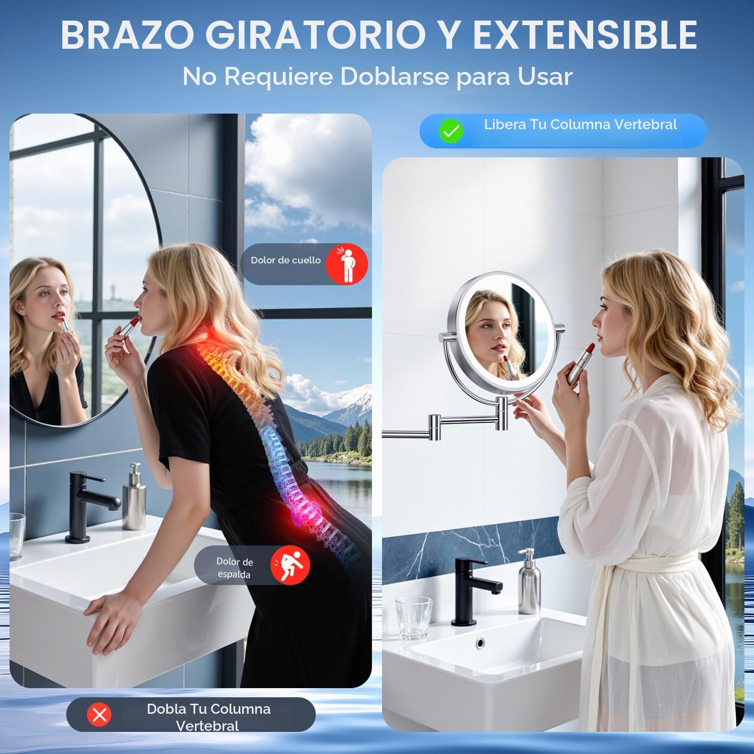 Auxmir Espejo Maquillaje con Luz Pared, 1X/20X Aumento Doble Cara Giratorio 360, Espejo Baño Extensible Táctil con Enchufe, 3 Colores Brillo Regulable, para Hotel, SPA, Plata