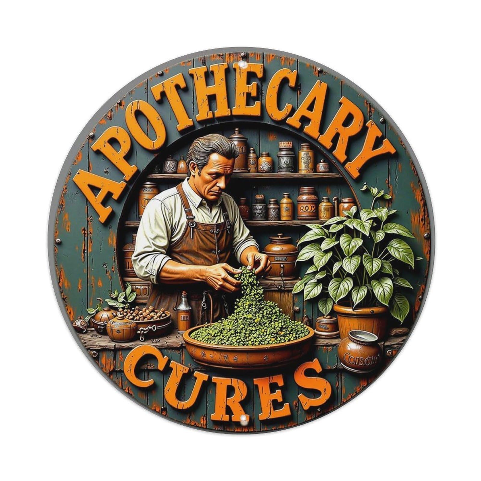 Apothecary Cures Herbal Medicine Shop Retro Metal Sign Round Tin Sign, Vintage Decor Art Poster for Bar, Home, Man Cave, Kitchen, Laundry Room Gift 8x8Inch