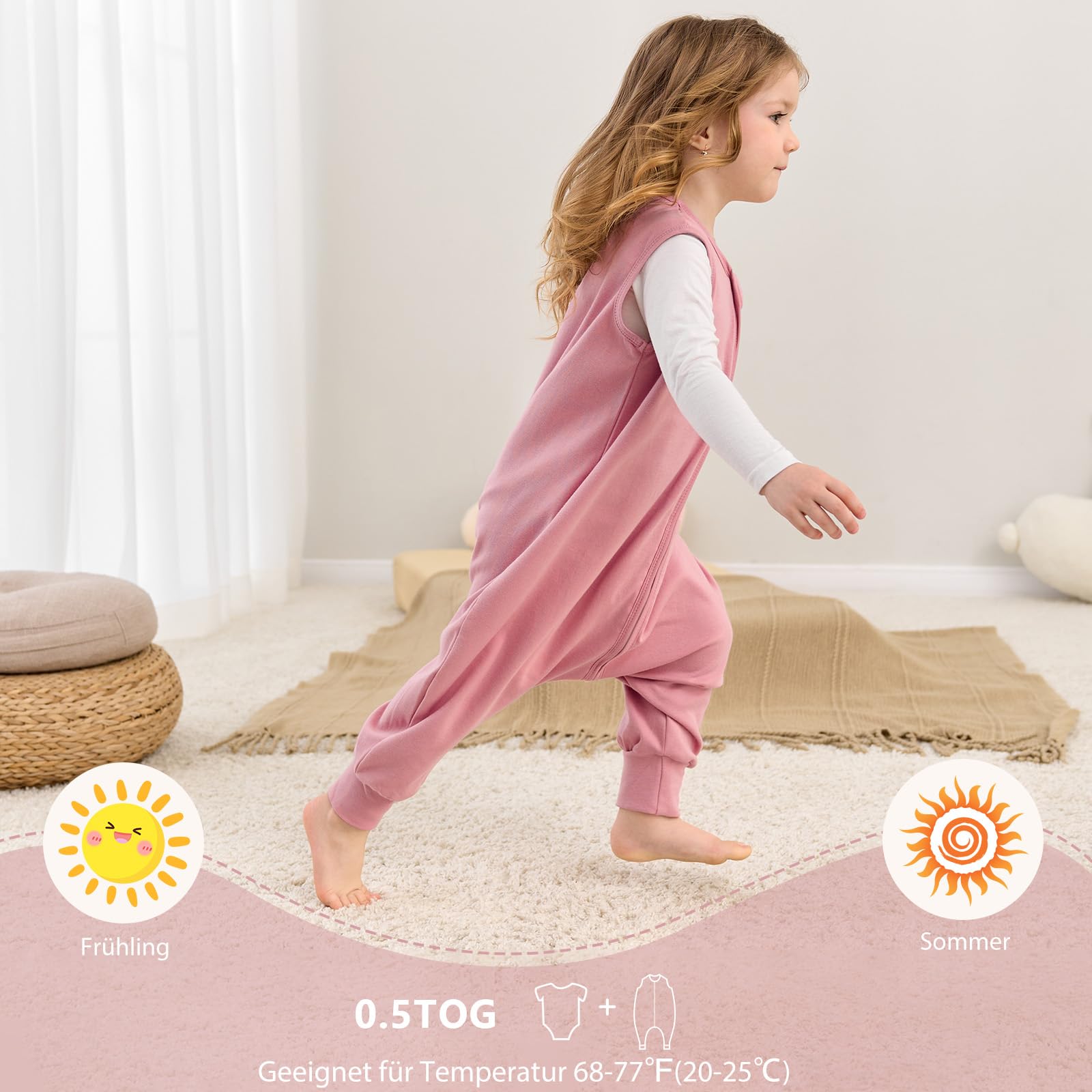 Looxii Pack de 2 Saco de Dormir bebé con Pies 0.5 TOG Algodón sacos de dormir de verano para 6-18 Meses Niños Niñas 70 cm Oso Rosa — view 6