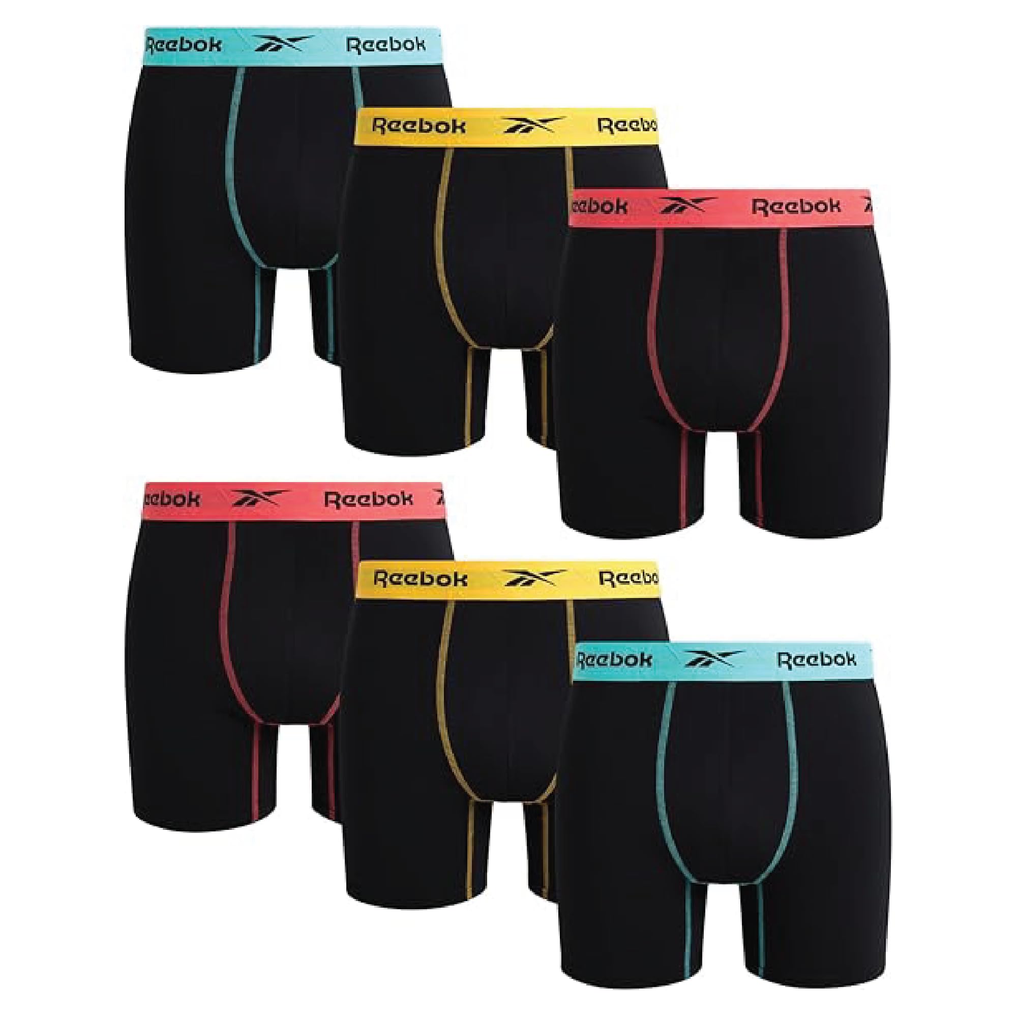 Reebok Mens Underwear Boxer Briefs - 6 Pack Stretch Performance Moisture Wicking Boxers for Men with Contour Pouch, 6" Inseam, Size X-Large, True Black With Contrast Stitch