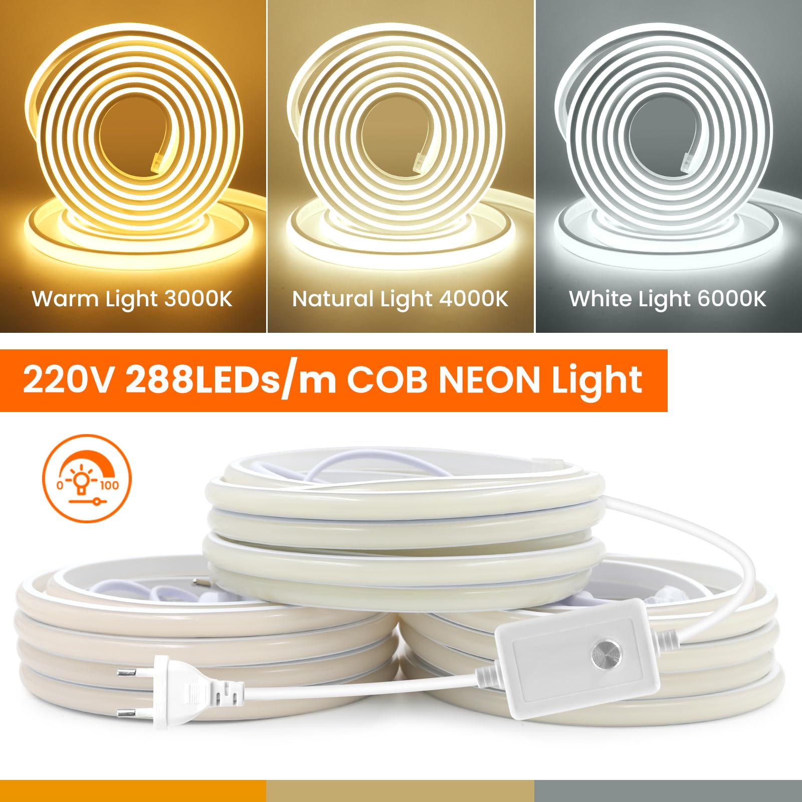Tira de LED COB Regulable, 220V 288LEDs/M Super Cinta LED de Neón, Cinta luminosa Flexible FCOB LED Tira de Luz para Navidad,Vacaciones,Decoración de Interiores e Iluminación(Blanco Cálido,20M)