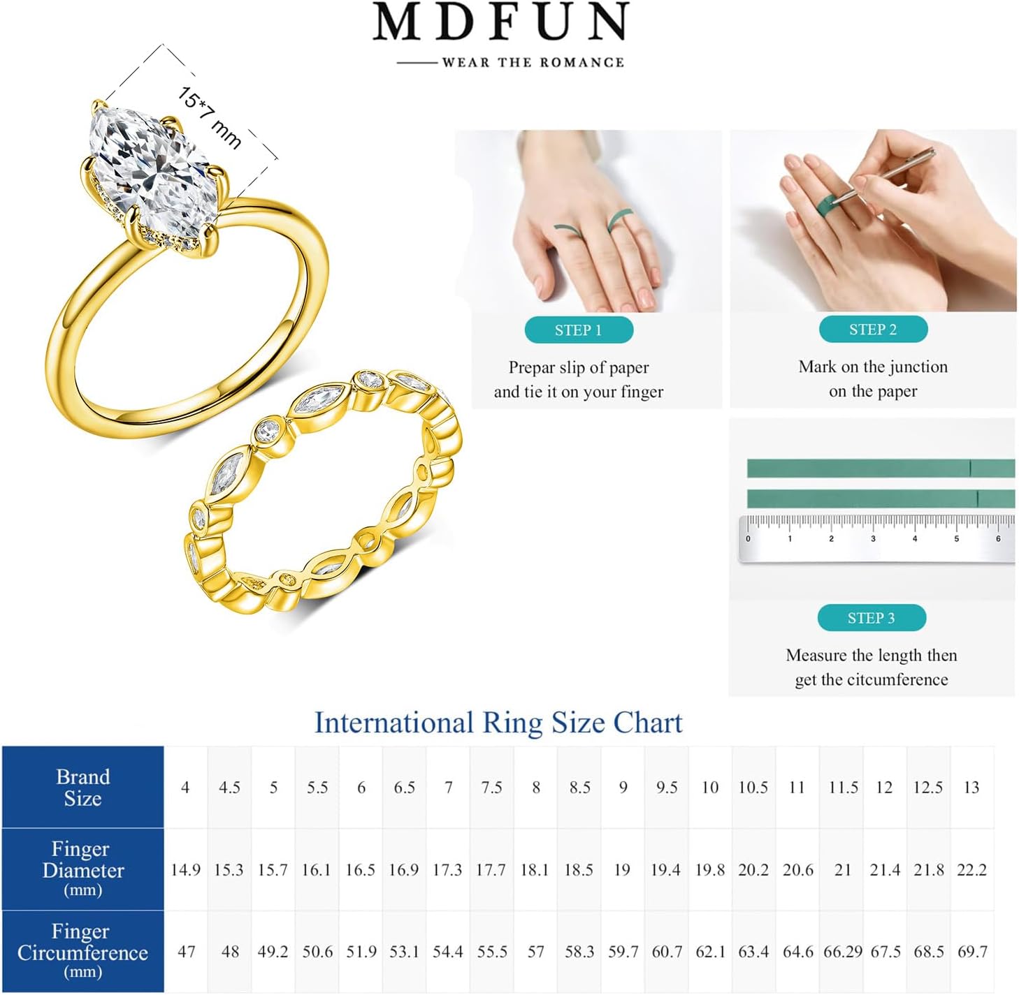 MDFUN 18K Gold Plated Two-in-One Heart/Round/Horse-eye Cubic Zirconia Engagement Promise Rings Eternity Wedding Band for Women - Image 6