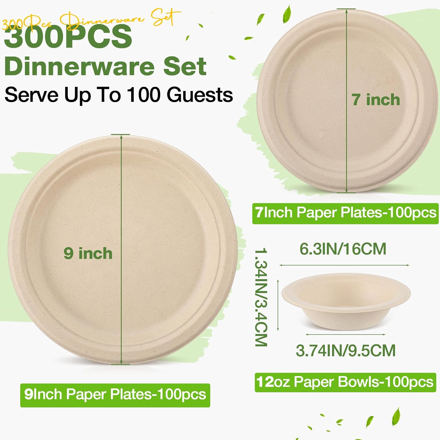 Havawish 300 Pcs Compostable Paper Plates and Bowls Set 7 Inch 9 Inch Disposable Plate 12oz Biodegradable Bowls for 100 Guests Party Dinner Party Supplies Bulk