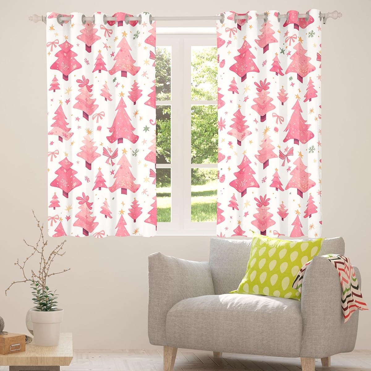 Erosebridal Christmas Tree Curtains for Girls Pink Bowknots Blackout Curtains, Snowflake Stars Curtains & Drapes Xmas Happy New Year Bedroom Curtains, Dreamy Princess Fairy Tale Window Treatments