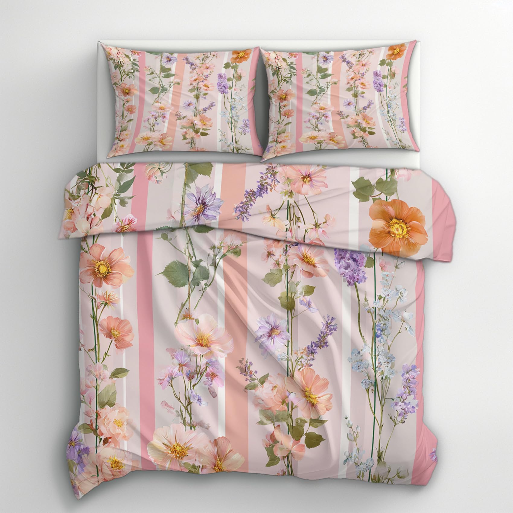 Parure de lit motif fleurs rose 220x240 avec housse de couette et taies d'oreiller en microfibre