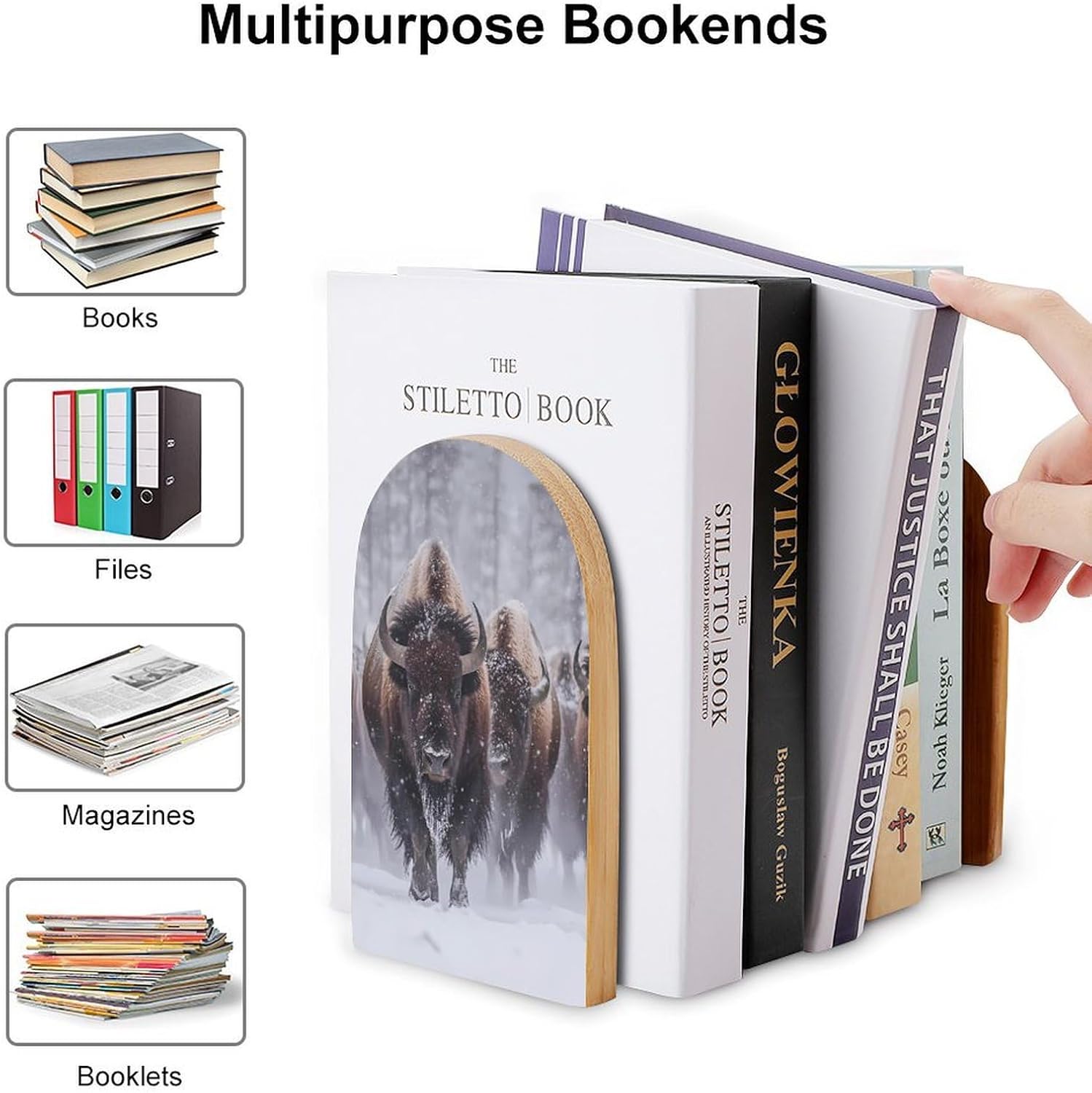 Bison in Snowy Cute Wood Book Ends Decorative Bookends 1 Pair Non-Skid for Shelves Home Office 7 X 5 Inch