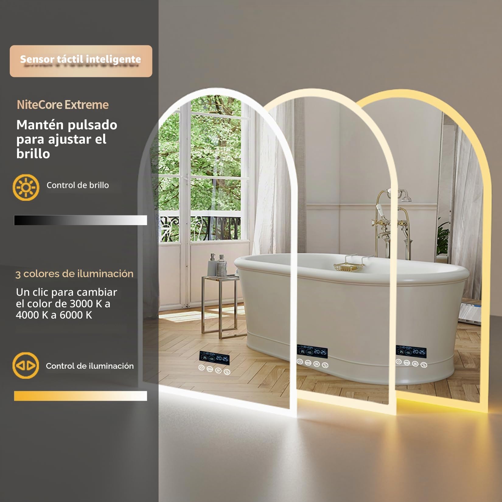 LUVODI Espejo Baño con Luz Led Arco 60x90cm Bluetooth Espejos de Baño Pared Antivaho con Hora Tiempo Digital y Luz Retroiluminado Regulable Espejo Moderno Inteligente con Interruptor Táctil y Enchufe