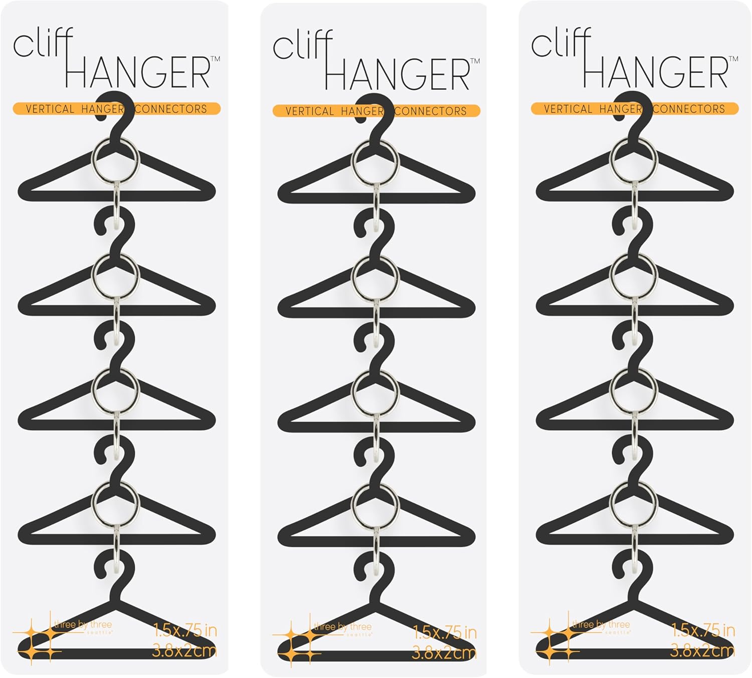 Three by Three Seattle Cliffhanger™ Hanger Connectors: Space-Saving Wardrobe Solution, 3 Pack (12 Links)