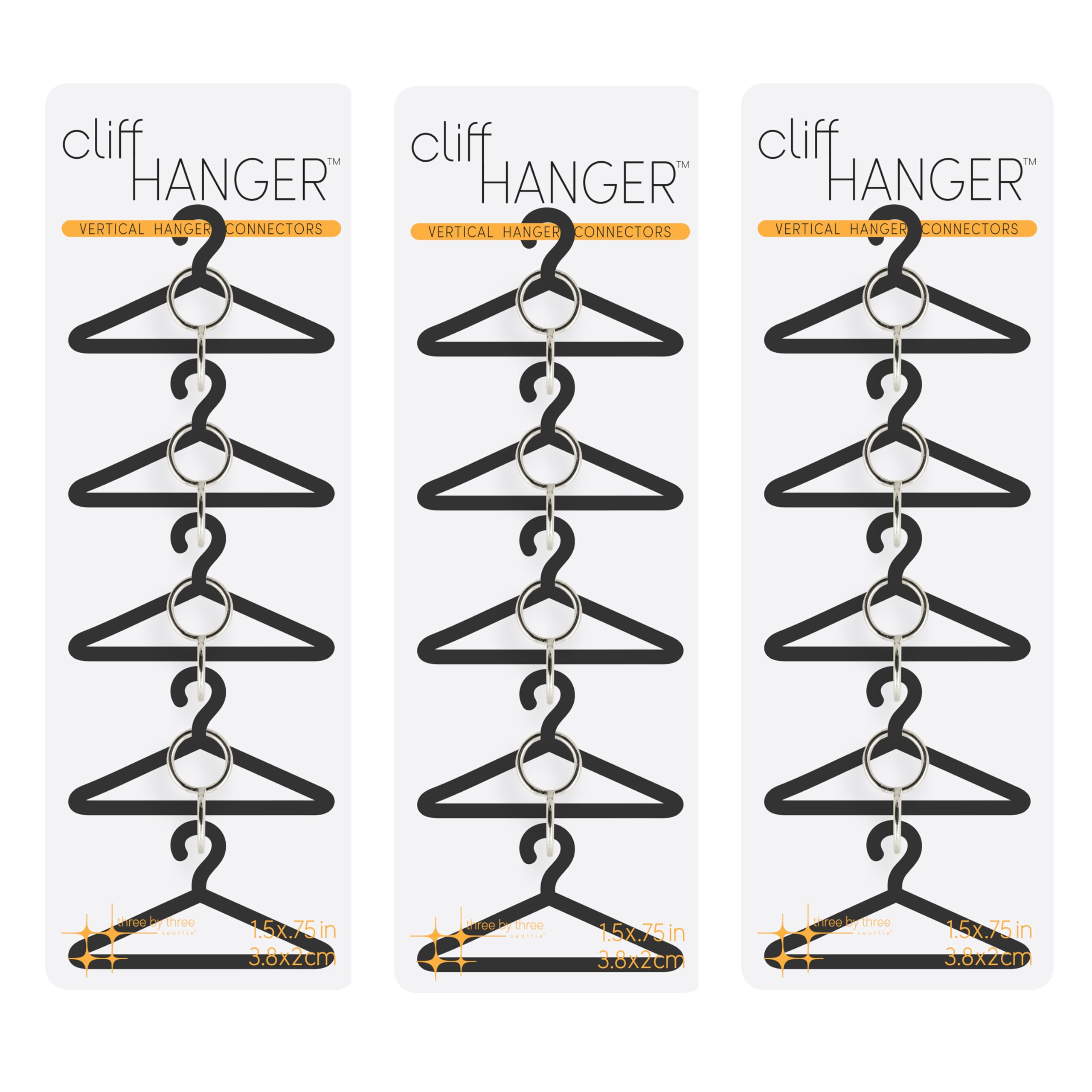 Three by Three Seattle Cliffhanger™ Hanger Connectors: Space-Saving Wardrobe Solution, 3 Pack (12 Links)