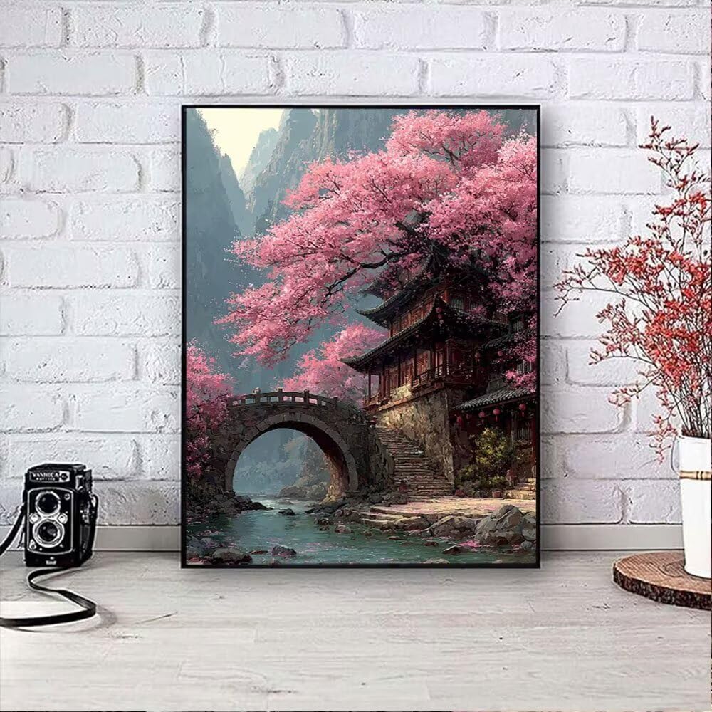 Wiśniowe Kwiaty W Krajobrazie Diamentowe Malarstwo Dorosłych Zestawów, 5D Okrągłe Diamenty Malarstwo Dzieci Malarstwo, Diamant Art Haft Cross Stitch Zdjęcia, Mozaika Dekoracja Ścienna 90x120cm hJ8-504