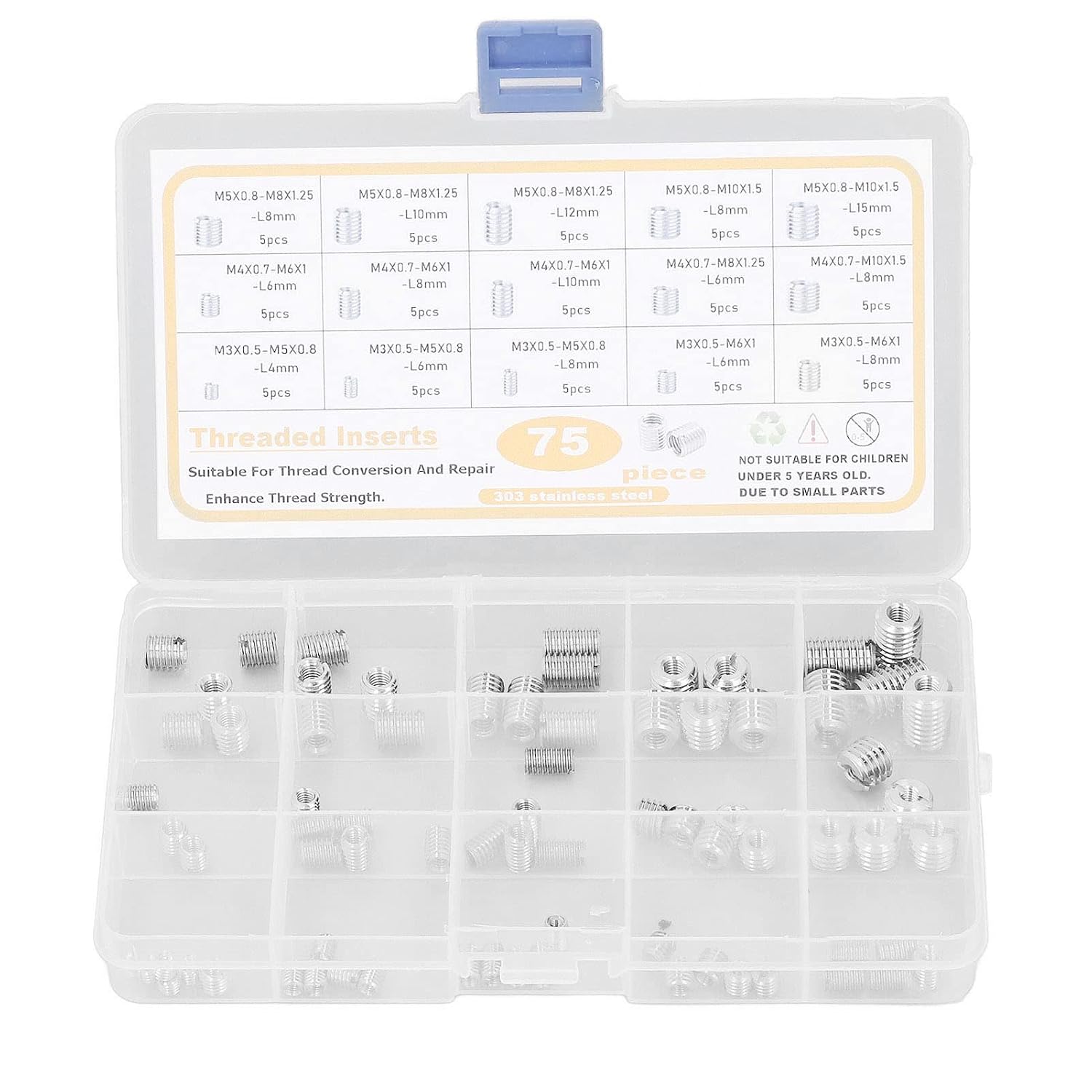 75PCS Threaded Insert Kit, Stainless Steel Material, Wear, M3 M4 M5 Sizes, for Thread Repair and Protection, Includes Storage Box
