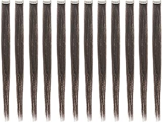 SWACC 12 Pcs Straight One Color Party Highlights Clip on in Hair Extensions For Women Colored Hair Streak Synthetic Hairpieces (Dark Brown-4#)