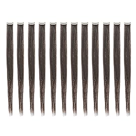 SWACC 12 Pcs Straight One Color Party Highlights Clip on in Hair Extensions Colored Hair Streak Synthetic Hairpieces (Dark Brown-4)