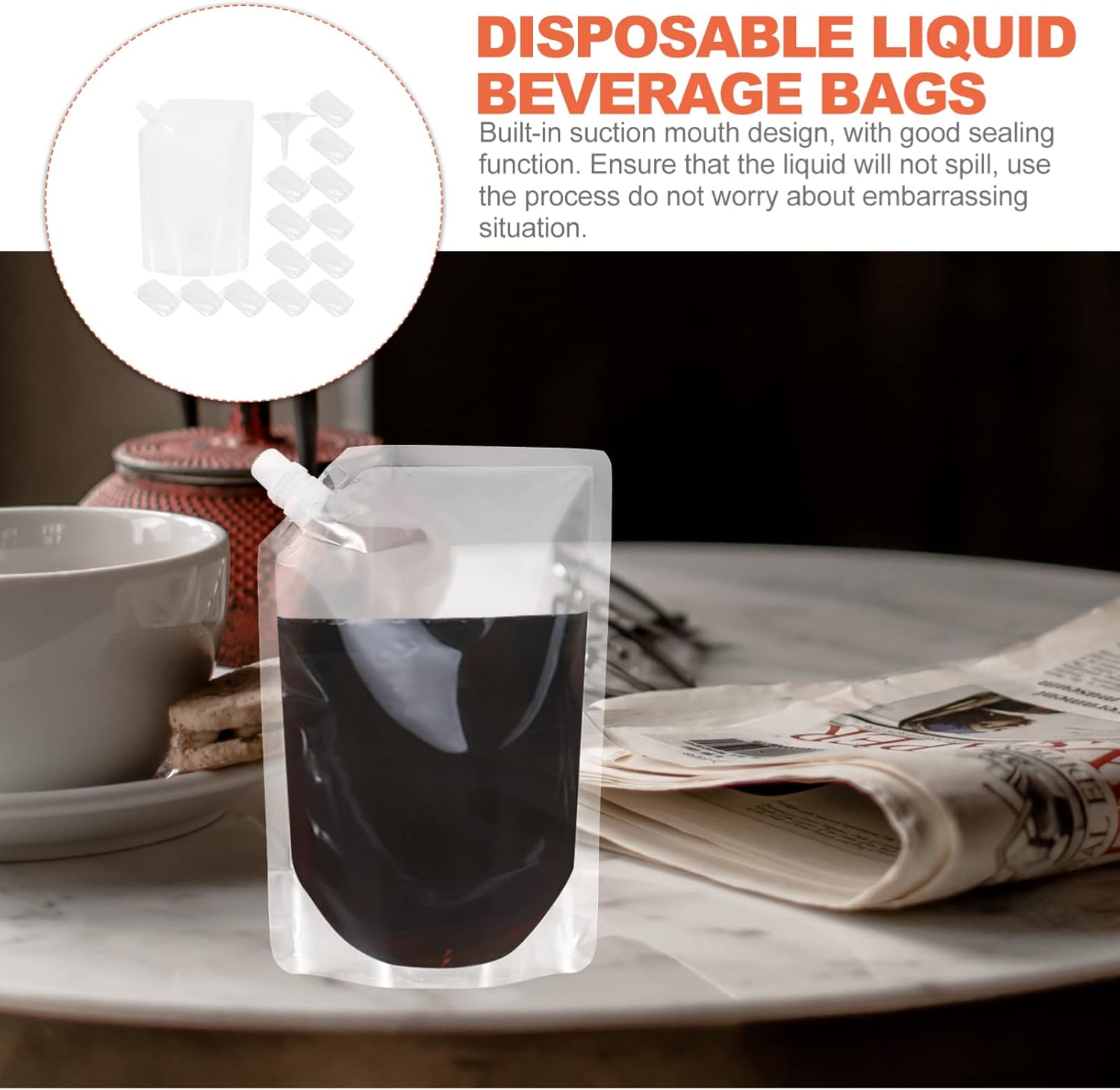 Hemoton 1set Leak Alcohol Juice Pouches Disposable Drink Containers Funnel for Travel Party and Outdoor Use