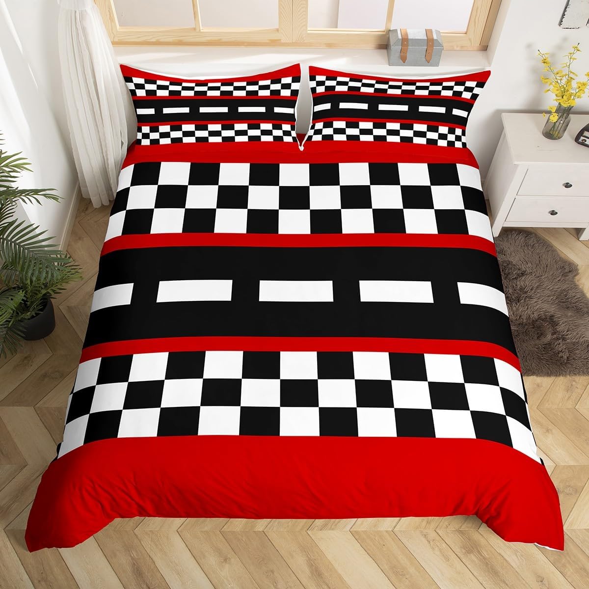 Racing Track Black White Grid Duvet Cover Queen Size Extreme Sports Comforter Cover for Teens Adults Race Car Bedding Set 3 Pcs Decorative Bed Cover(Comforter Not Included)