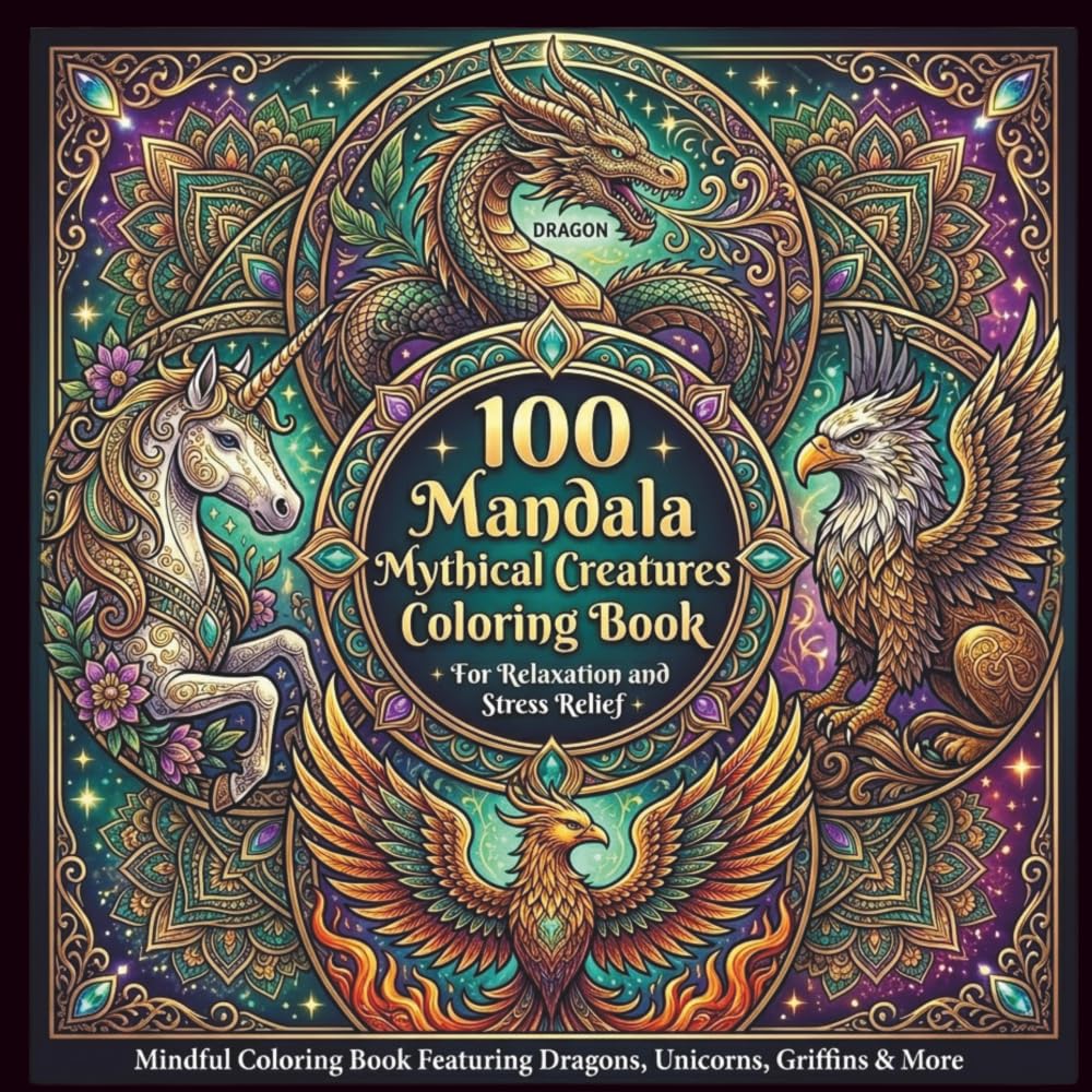 100 Mandala Mythical Creatures Coloring Book for Relaxation & Stress Relief.: Mindful Coloring Book Featuring Dragons, Unicorns, Griffins & More