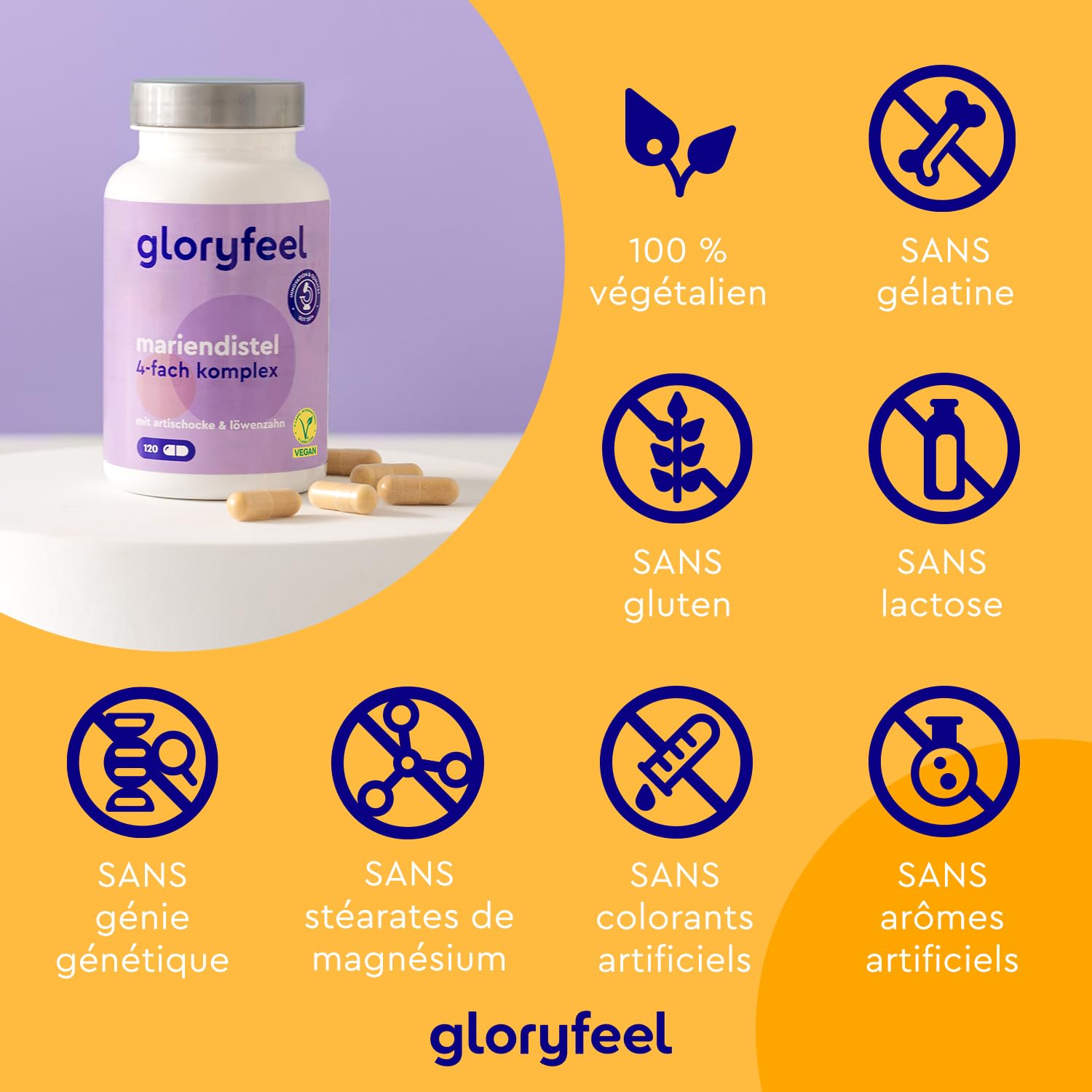 Complexe Chardon Marie, Pissenlit, Artichaut et Desmodium, 120 Gélules, Fortement Dosé en Silymarine, 500 mg par Dose Journalière, Testé en Laboratoire, Sans Additifs, 100% Végane