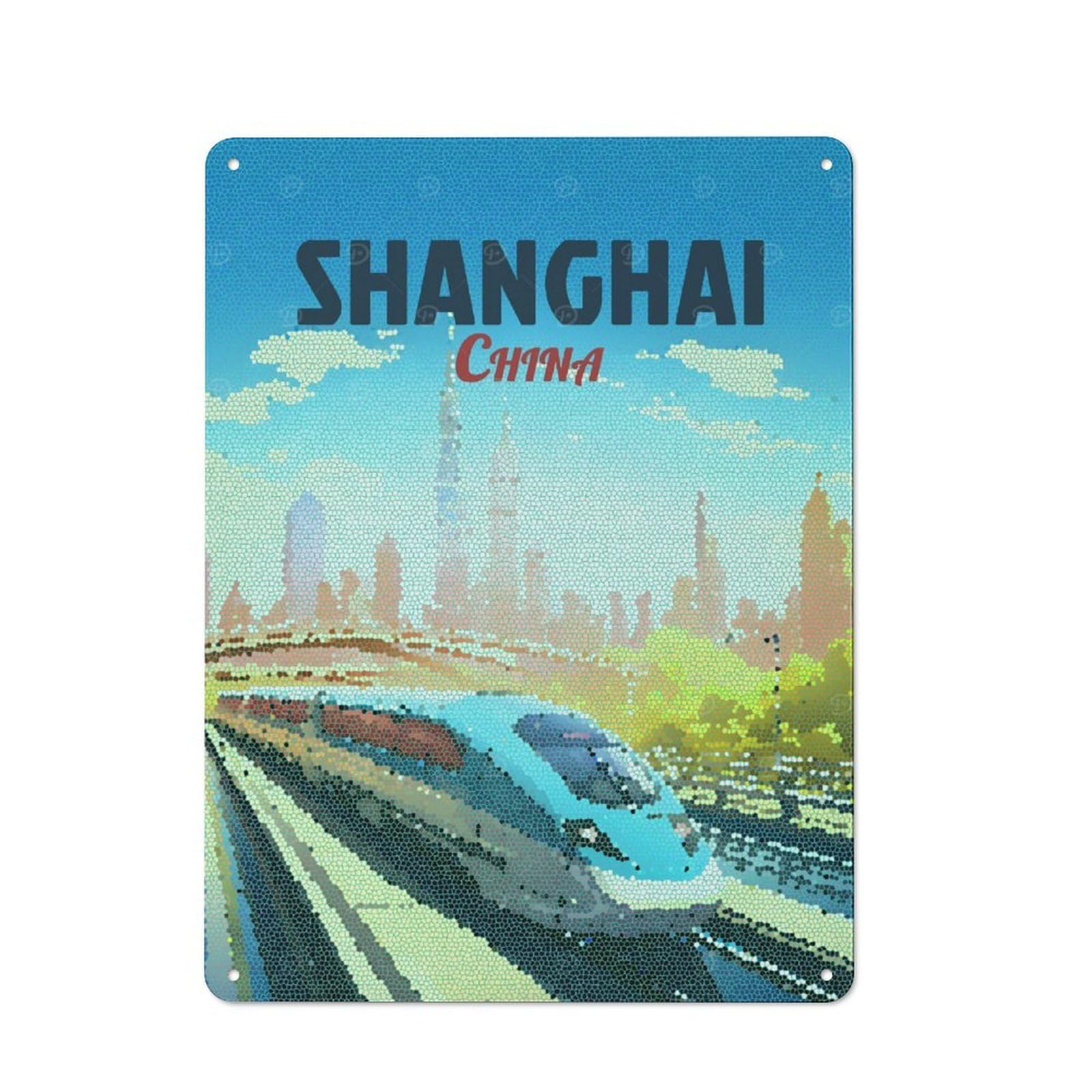 Junmoney Style-14 Tin Wall Plaque 40X30cm With Shanghai China Mosaic Travel For Garage Wall, For People Furnishing A Garage, For Retro Home Interiors