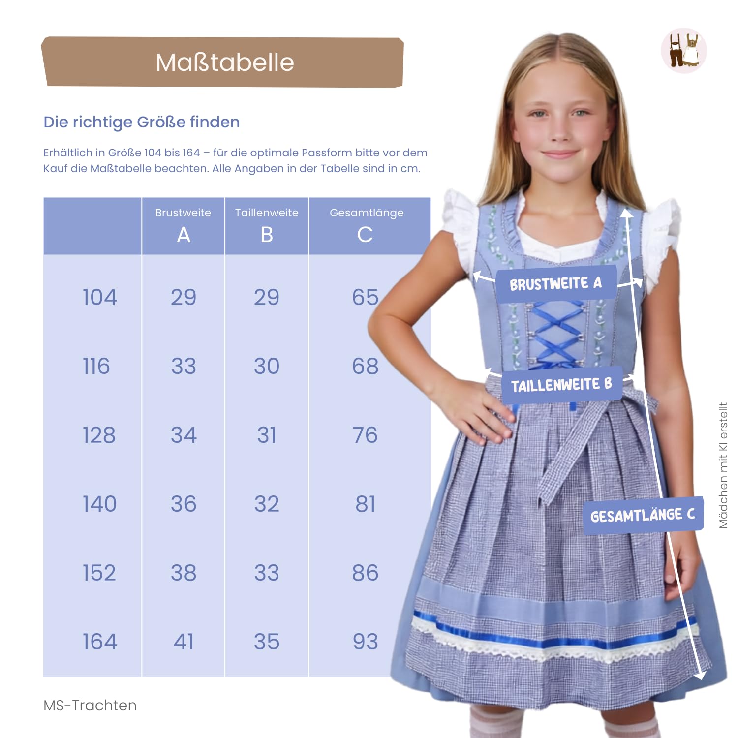 Kinderdirndl Mila – Kinder Dirndl blau rot mit Bluse 3 teilig – traditionelles Trachtenkleid für Mädchen