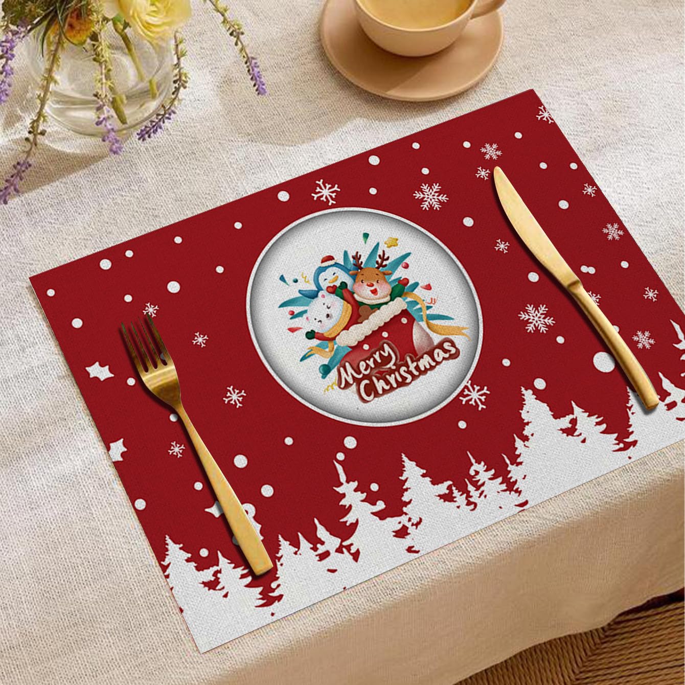 Lot de 6 sets de table carrés en lin Motif Père Noël