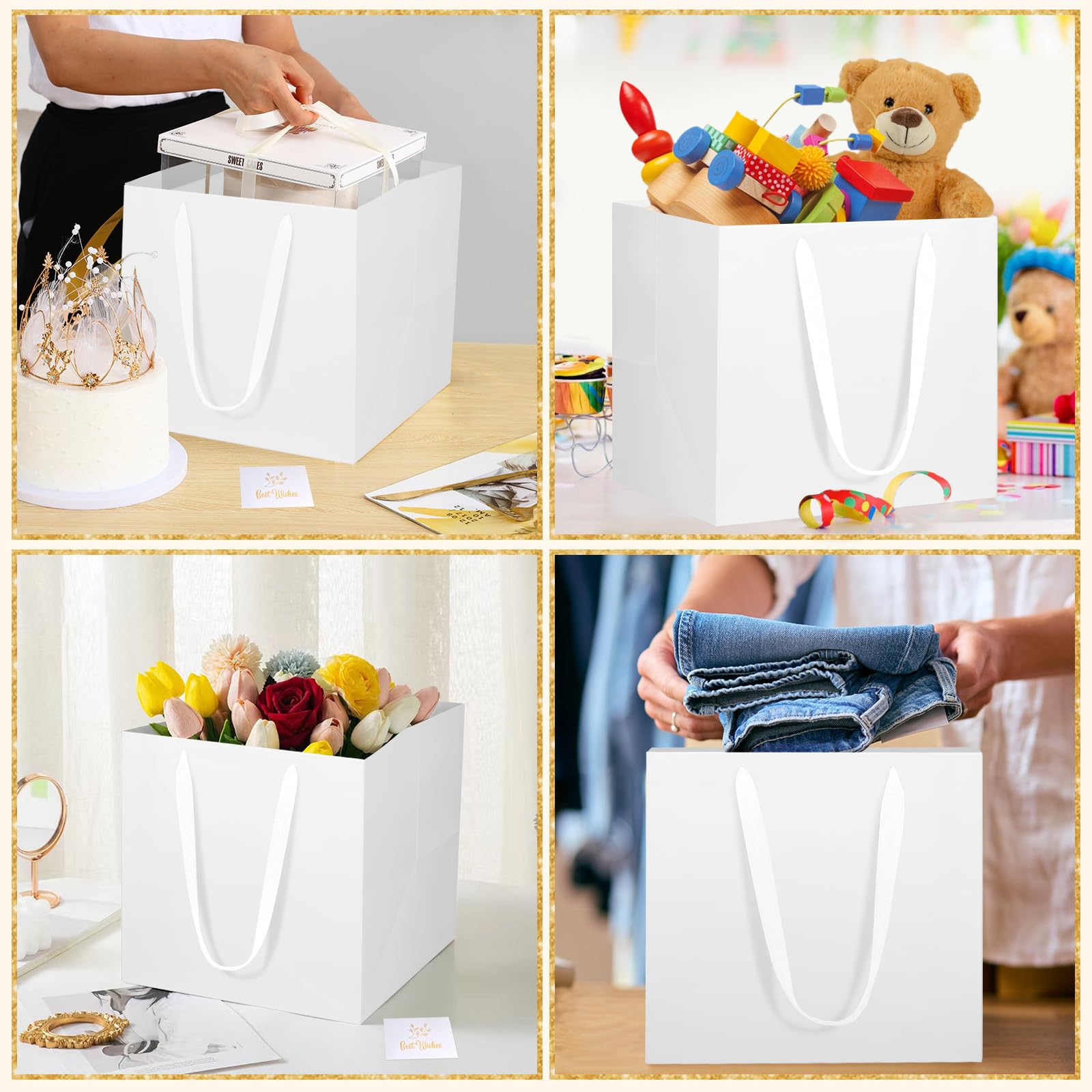10 Sacchetti Regalo Medi NAHRMY Quadrati 20x20x20 Cm - Bianchi Con Manici E Cartoncini, Per Bomboniere E Piccoli Regali
