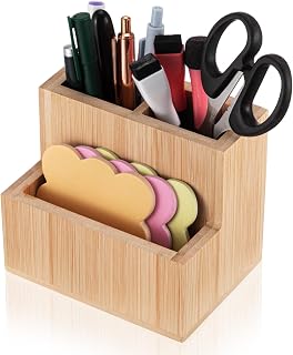 Maitys Bamboo Wood Pen Holder for Desk Wooden Pencil Remote Control Organizer with 3 Compartments Small Desk Accessories for Workspace Home Office Classroom Bathroom