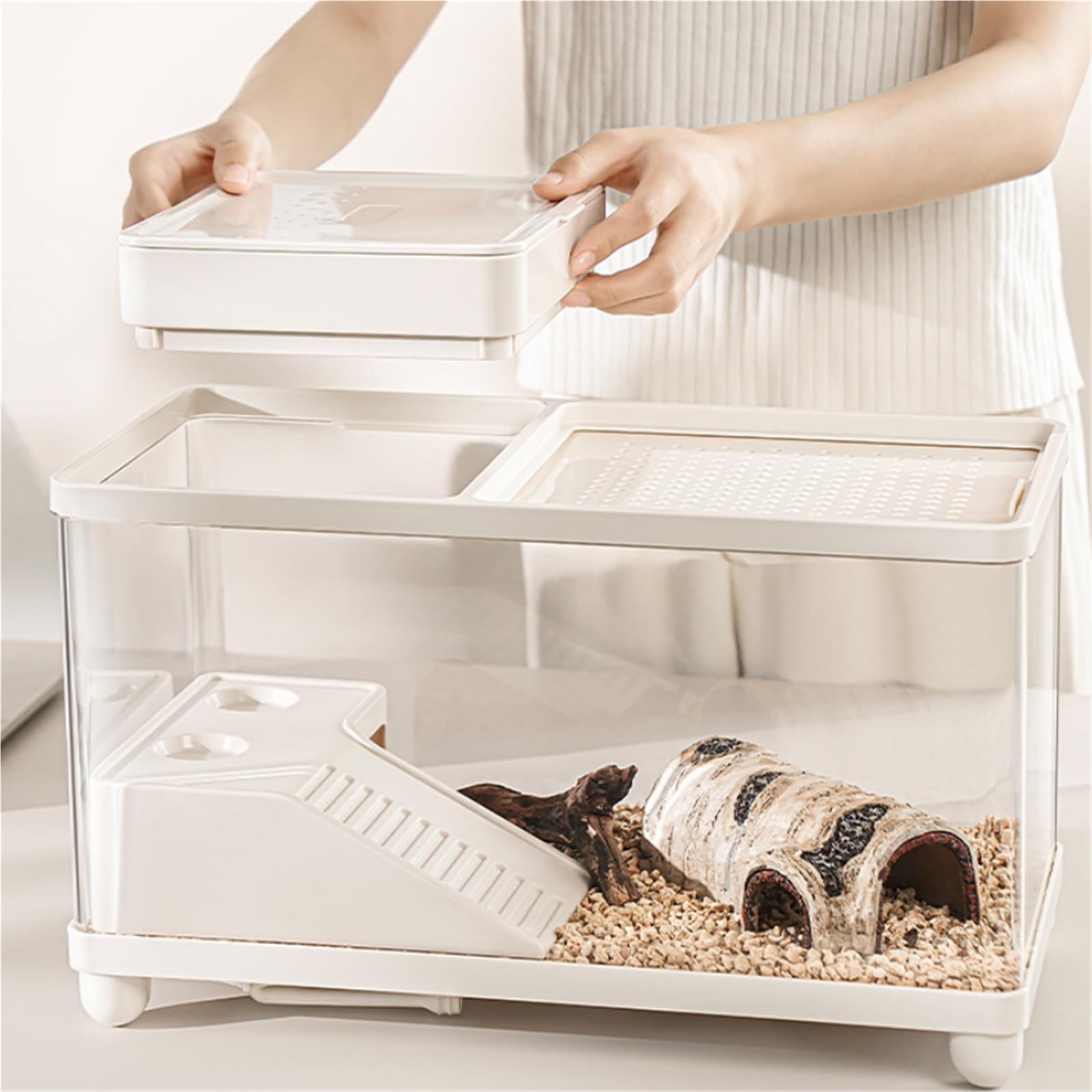 Siedlisko terrarium Zbiornik do karmienia żółwi użytku domowego zakryty drenażem z dołu platformy wspinaczkowej Terrarium akwariowe(Milk Yellow)