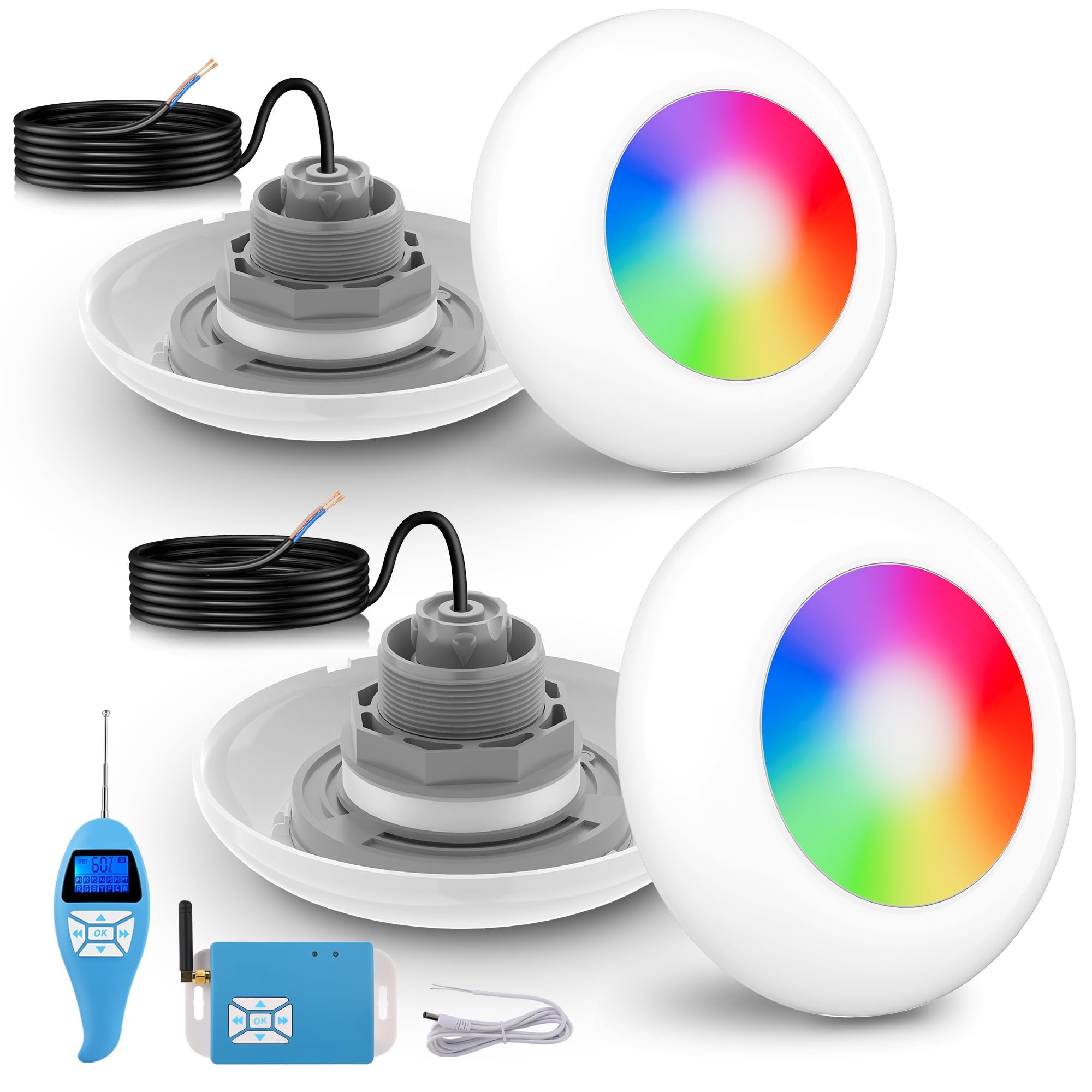 LyLmLe Proiettore Piscina LED con Filettatura Esterna 2", 15W Lampade Piscina RGB Multicolore con Controller e Telecomando, Ø190mm, 12V AC Subacquee Luce per Piscinas Fuori Terra in Acciaio, Set 2