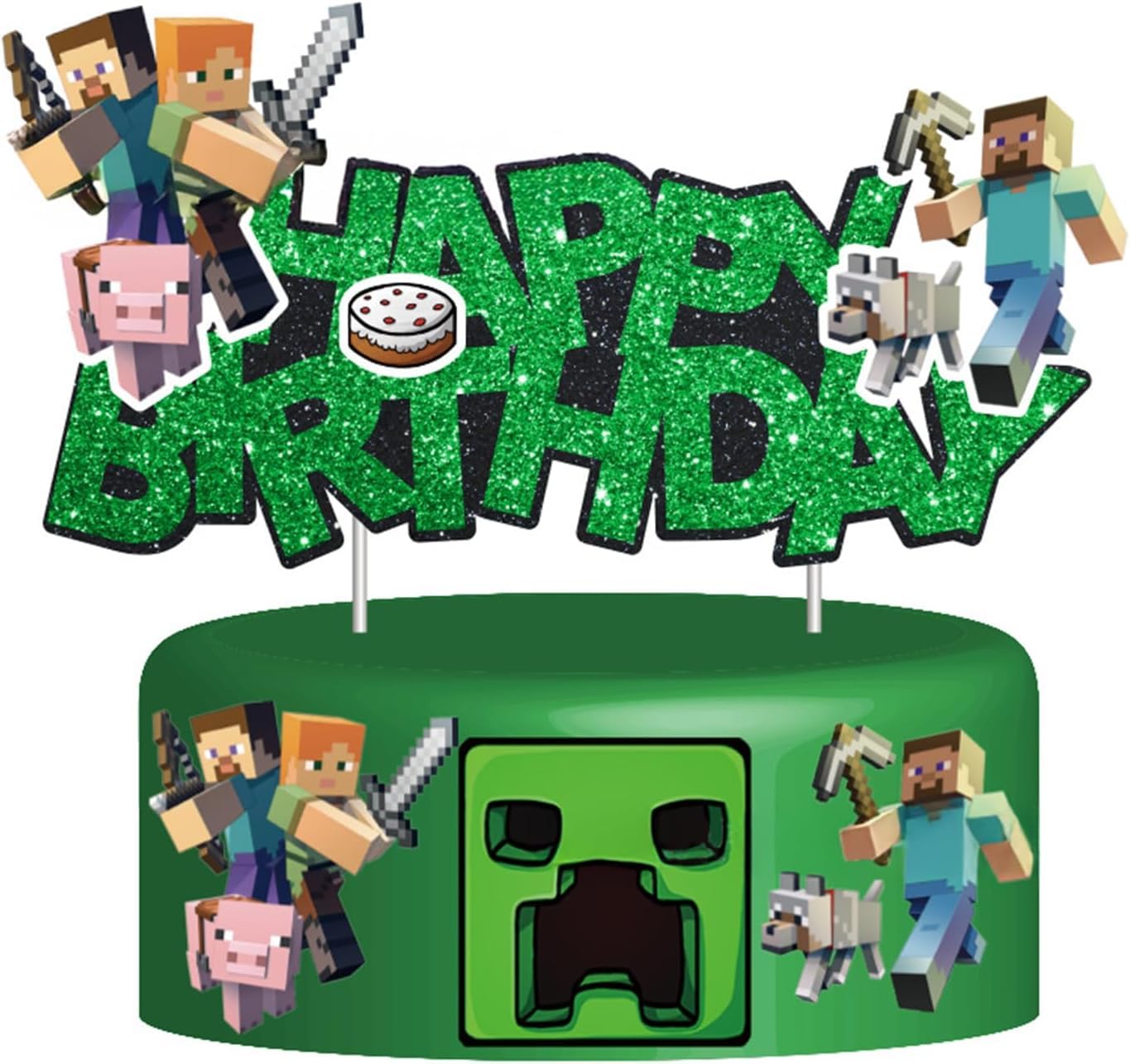 Photo 1 of HonFHena Pixel Styled Cake Topper, Video Game Themed Party Supplies (Green)