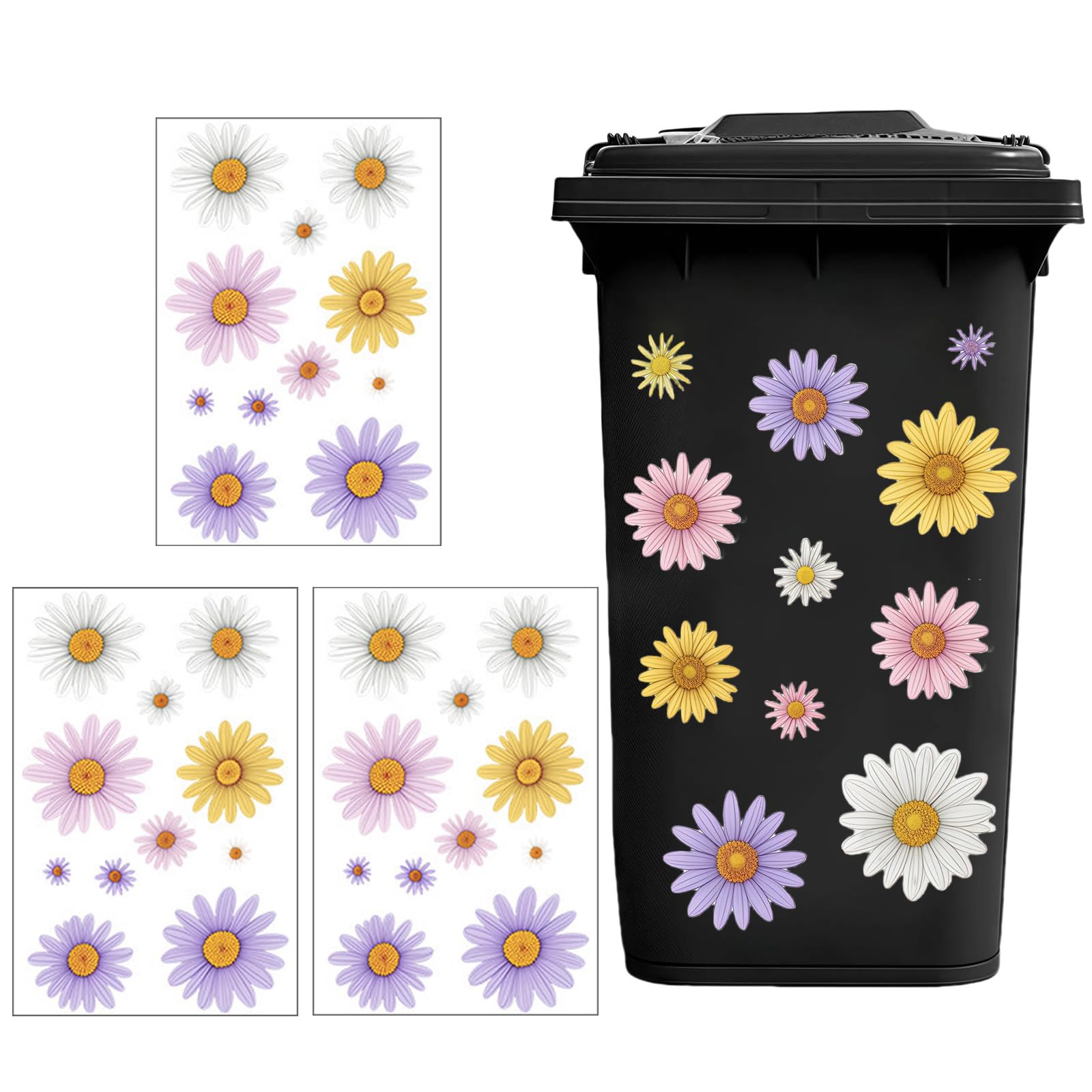 Tivleed Bin Stickers 3 Pcs Wheelie Bin Stickers Self-Adhesive Decorative Sheets with Daisy Design Waterproof Dustbin Labels for Bins, Fridge & Wall Garden & Home Decoration（11.8 * 7.9in