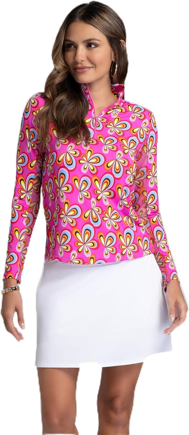 IBKUL Athleisure Wear Sun Protective UPF 50+ Icefil Cooling Arya Print Long Sleeve Mock Neck Top - 10109