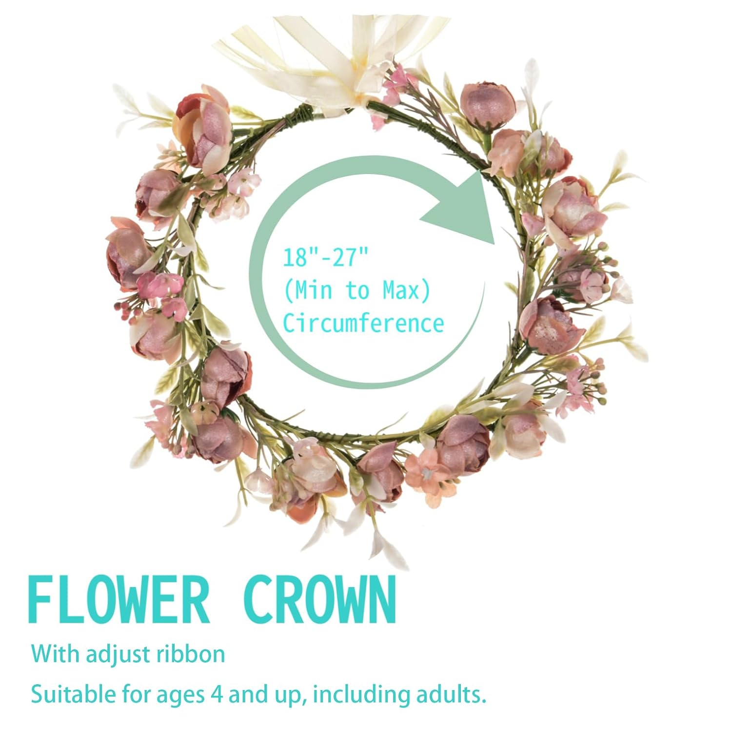 DreamLily Girls Camellias Flower Crown Birthday Photo Pops Hair Wreath Wedding Festival Floral Headpiece XM11 (Pink) - Image 2