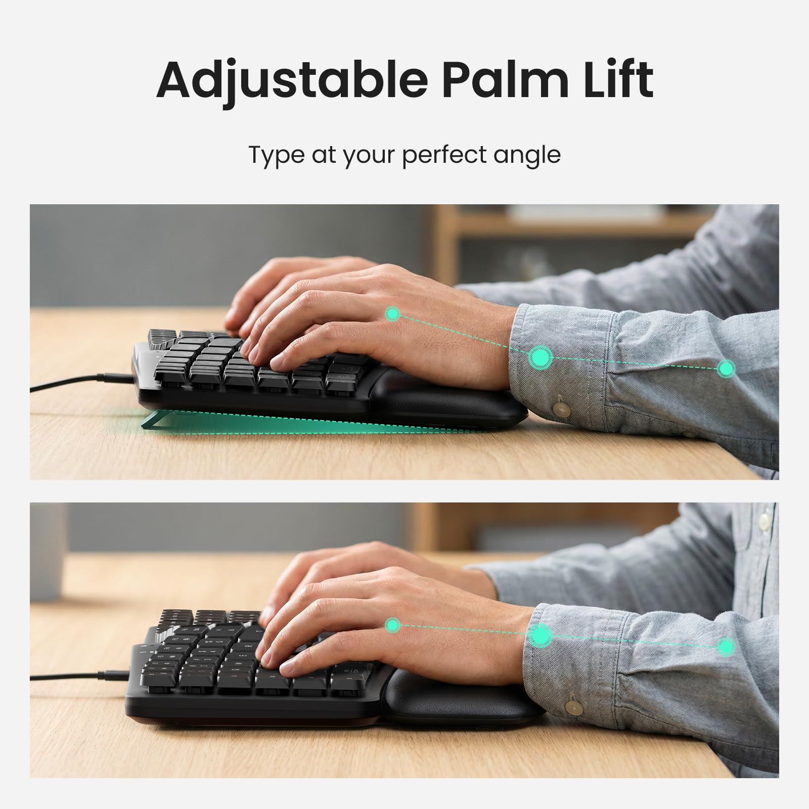 Nulea Ergonomic Split Keyboard, Wired Natural Typing Keyboard with Integrated Palm Rest for Wrist Pain Relief, 2-in-1 Type C&Type A Plug for Mac,Windows,Office & Home,Black — view 5