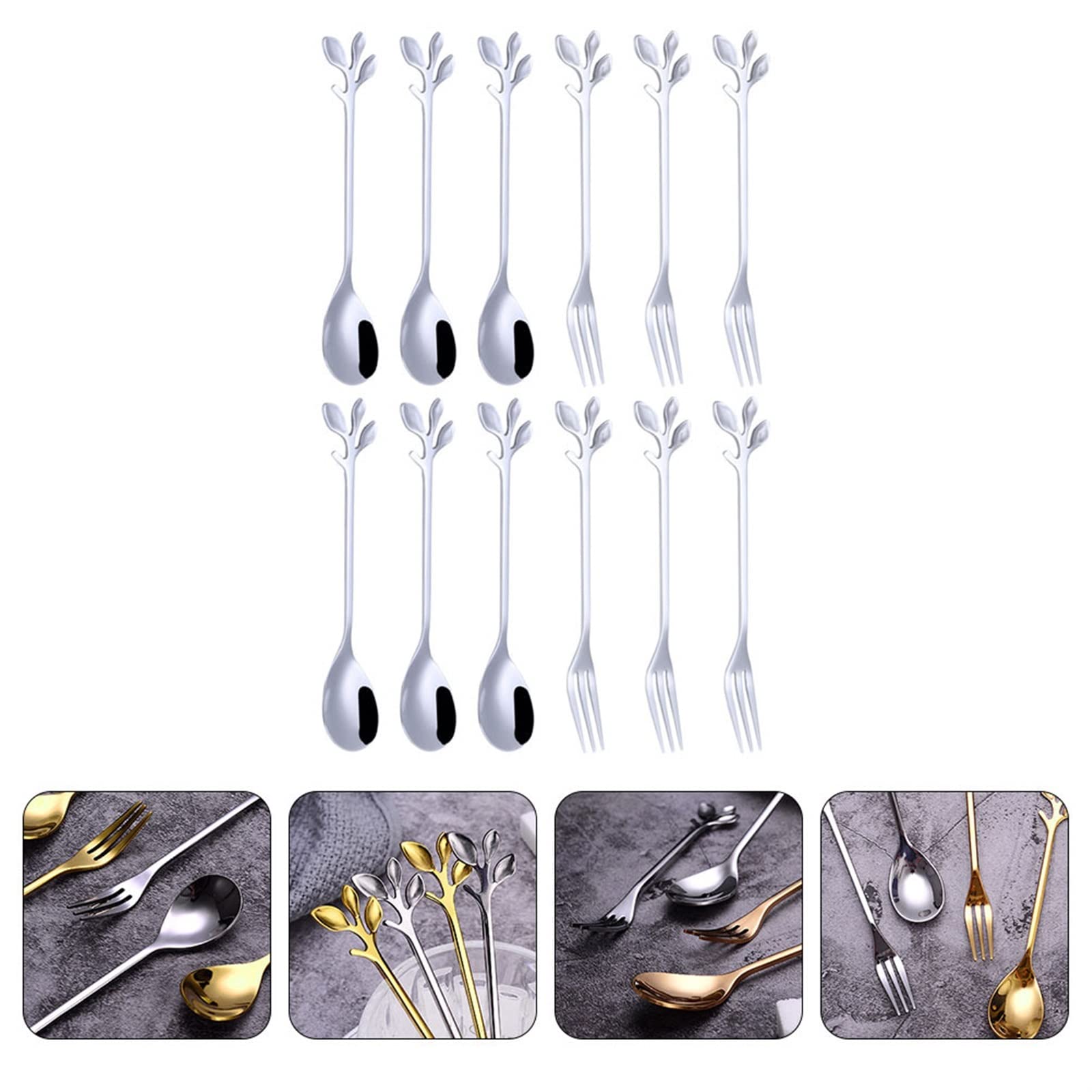 Cucharas de café, Tenedores, cucharas de Postre, Tenedores, Juego de Frutas, café, té, Aperitivos, ensaladas, Cubiertos de Acero Inoxidable, Utensilios para Servir c，Silver