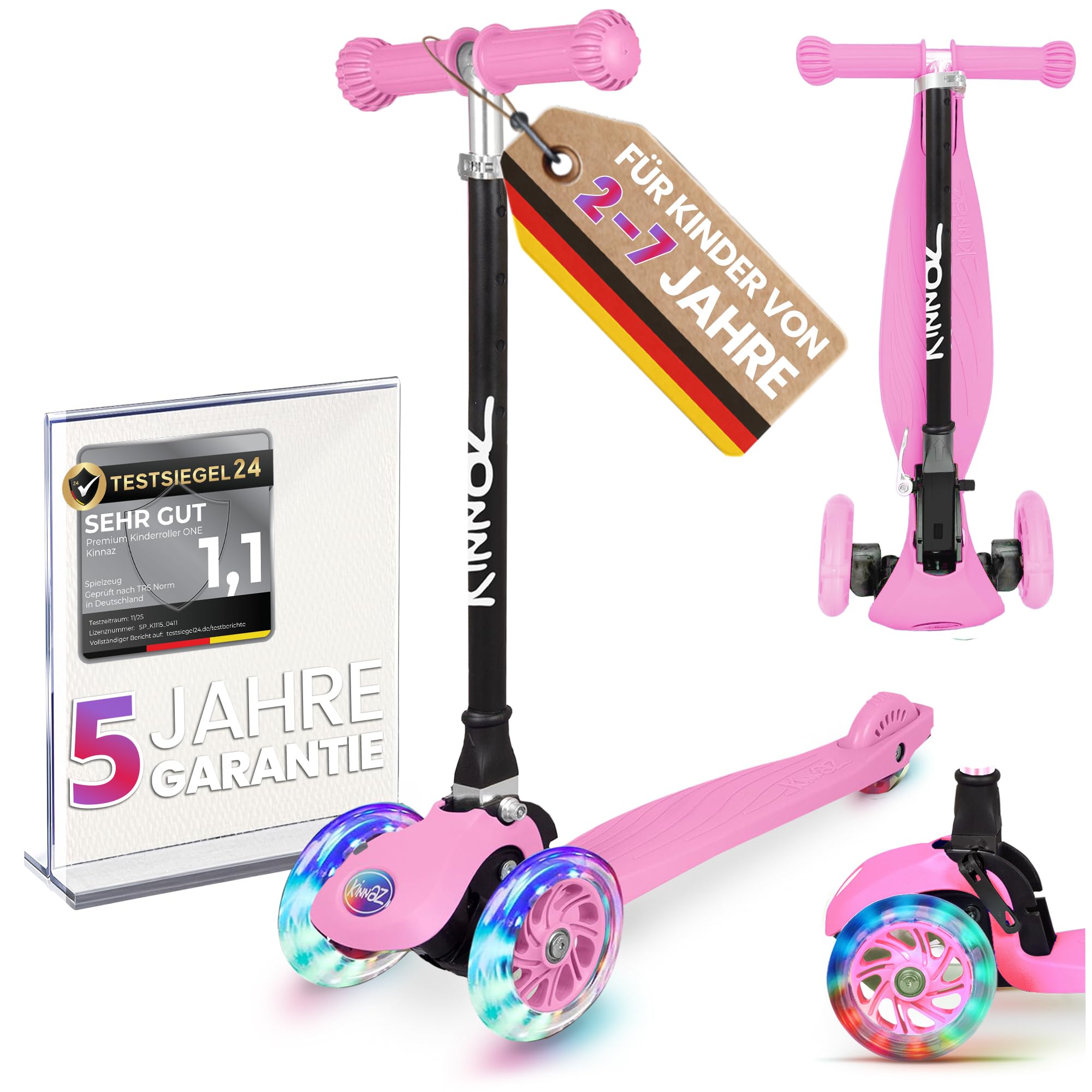 kinnaz ONE, über 100.000 Roller, Roller für Kinder 3 Jahre verkauft, Tretroller 2 bis 7 Jahre, Roller Kinder 4 Jahre, LED Räder, faltbar, Höhe einstellbar, Tagkeeper Funktion, Hamburger Unternehmen