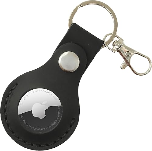 Toprank Leather Compatible con Apple AirTag Portallaves - Funda de Cuero Genuino Crazy Horse Hecha a Mano (Negro)