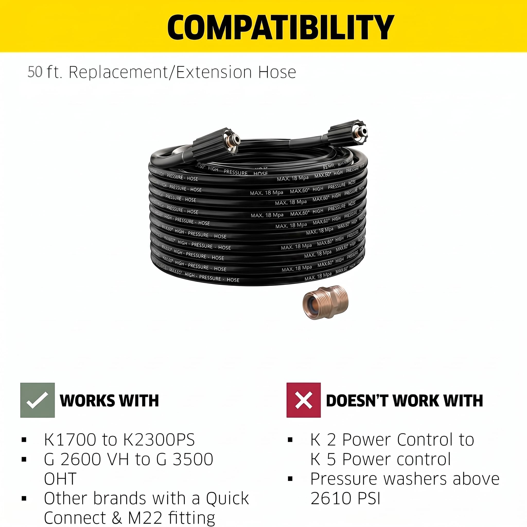 YUET 15M Tuyau de Rechange d'extension pour Nettoyeur Haute Pression, Flexible Tuyaux avec M22 Fileté Mâle Remplacement Connecteur pour Karcher Standard M22-14 Connexion