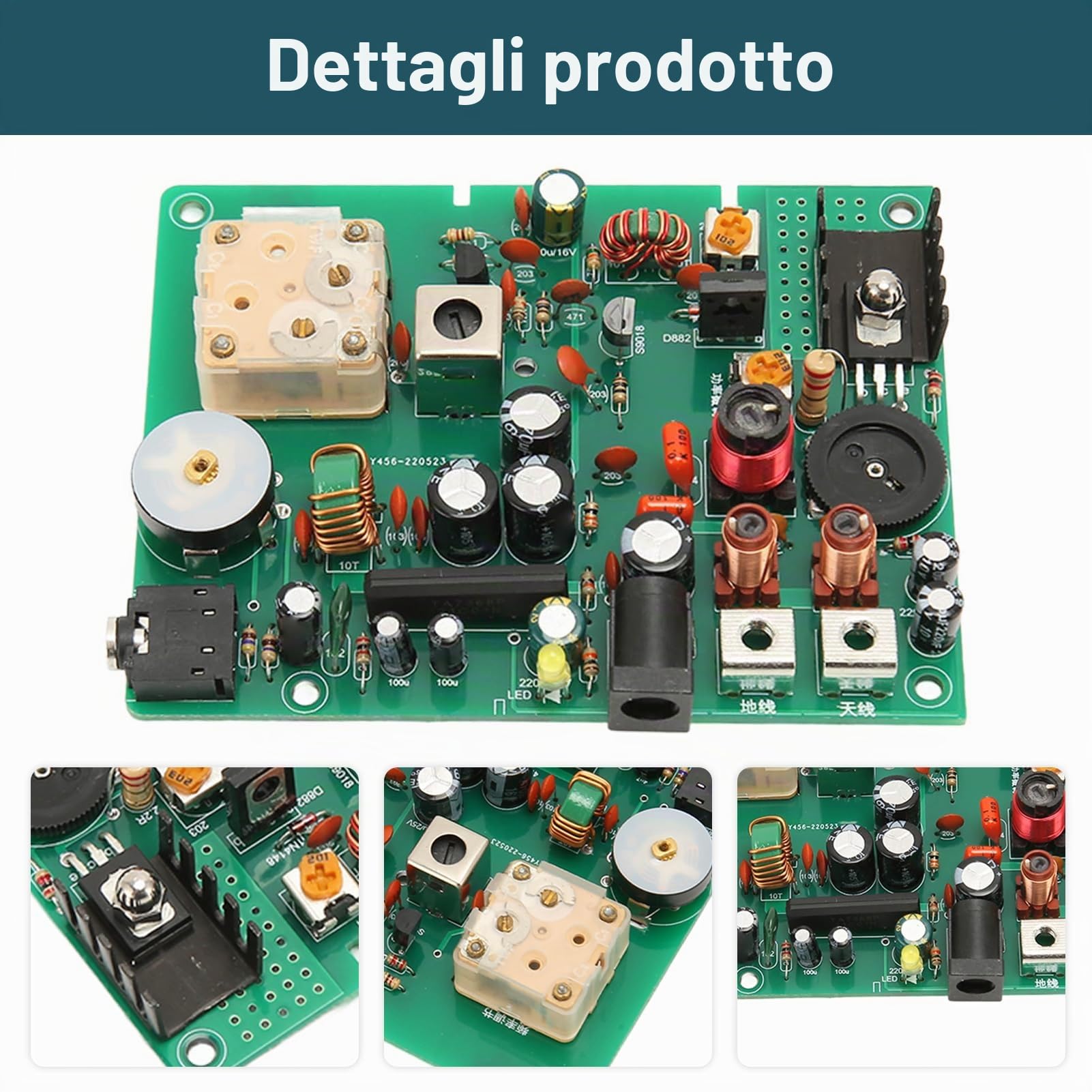 Kit Trasmettitore AM, Trasmettitore Radio a Onde Medie Regolabile 530‑1600 KHZ Fai da Te per Esperimenti Scolastici, 20‑500 MW, da 2‑5 M, Ingressoda 3,5 Mm, Materiale PCB