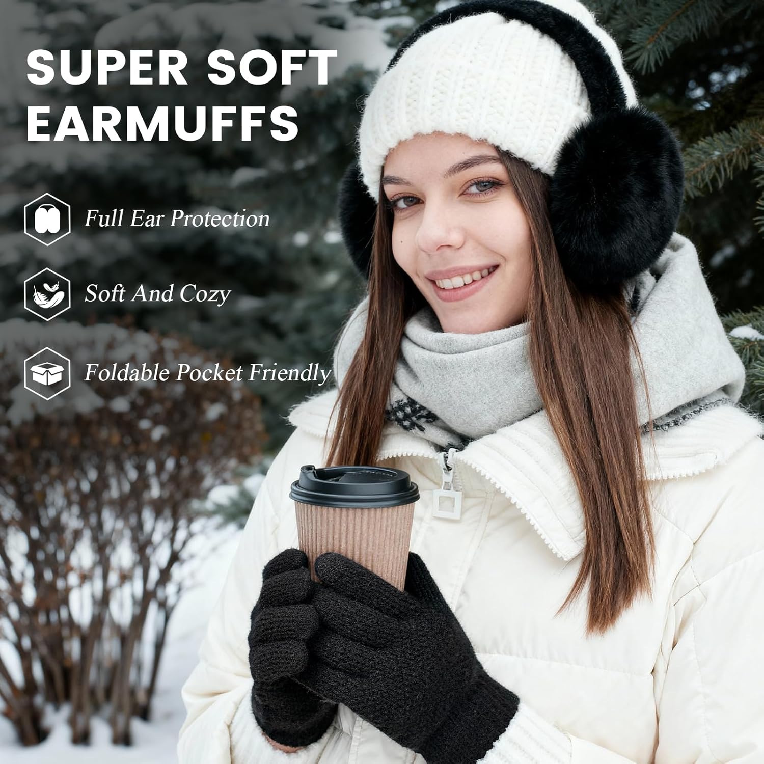 Pleneal Winter Ear Muffs Gloves for Women, Foldable Faux Fur Earmuffs Touchscreen Gloves Warmer Covers Headband Cold Weather - Image 2