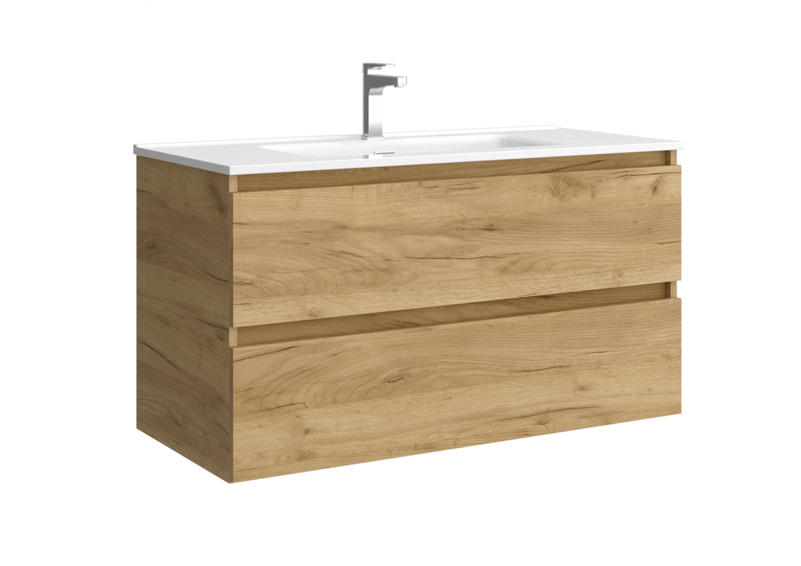 Mueble de baño Bequia 100 cm con Lavabo 100% montado de fábrica | Acabado Roble suspendido 2 cajones Cierre amortiguado Apertura con uñero | Lavabo Porcelana Blanca | Marca Salgar