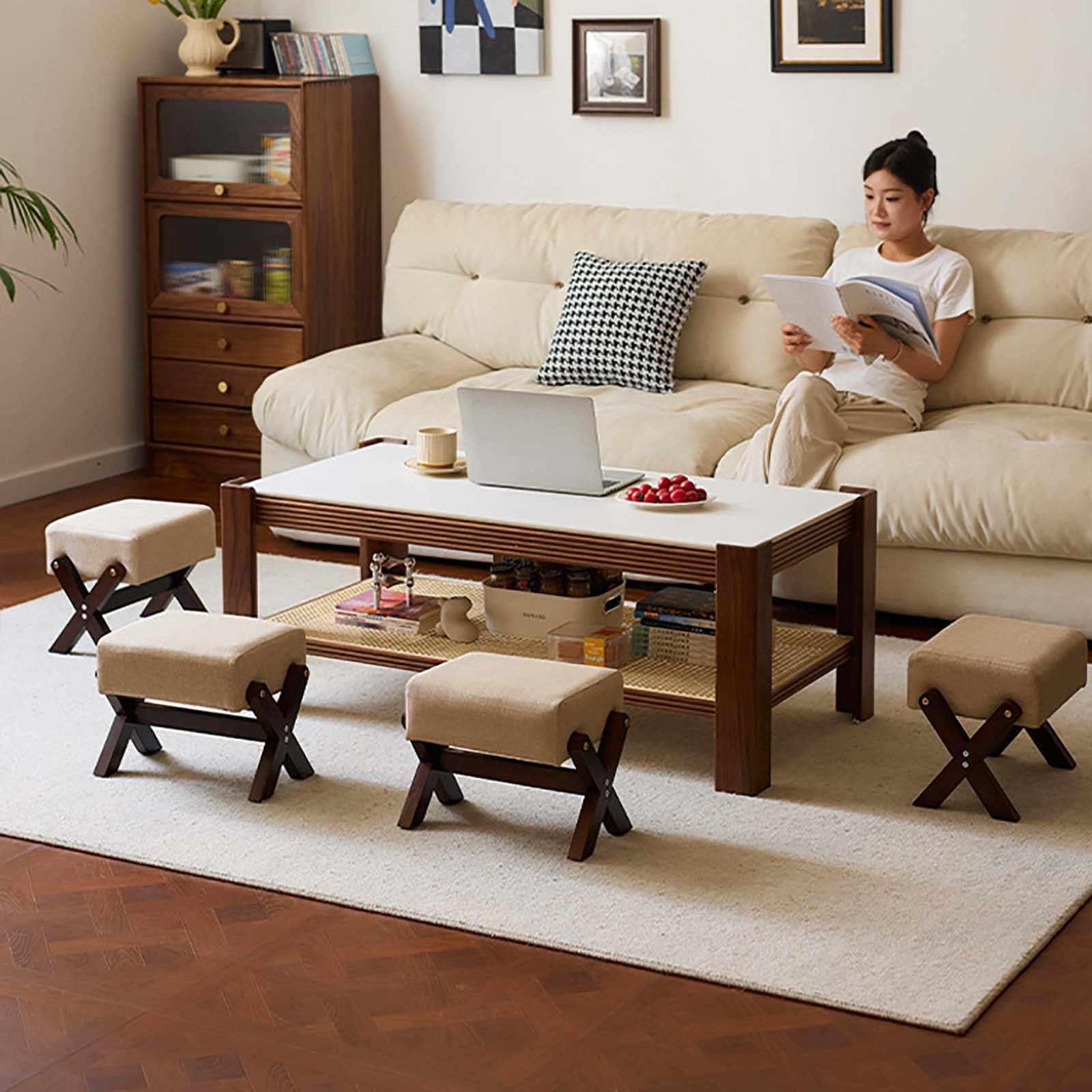 Lot de 2 repose-pieds multi-usages, coussin en mousse épaisse, tissu en lin, design en X, idéal pour chambre à coucher, salon et cuisine