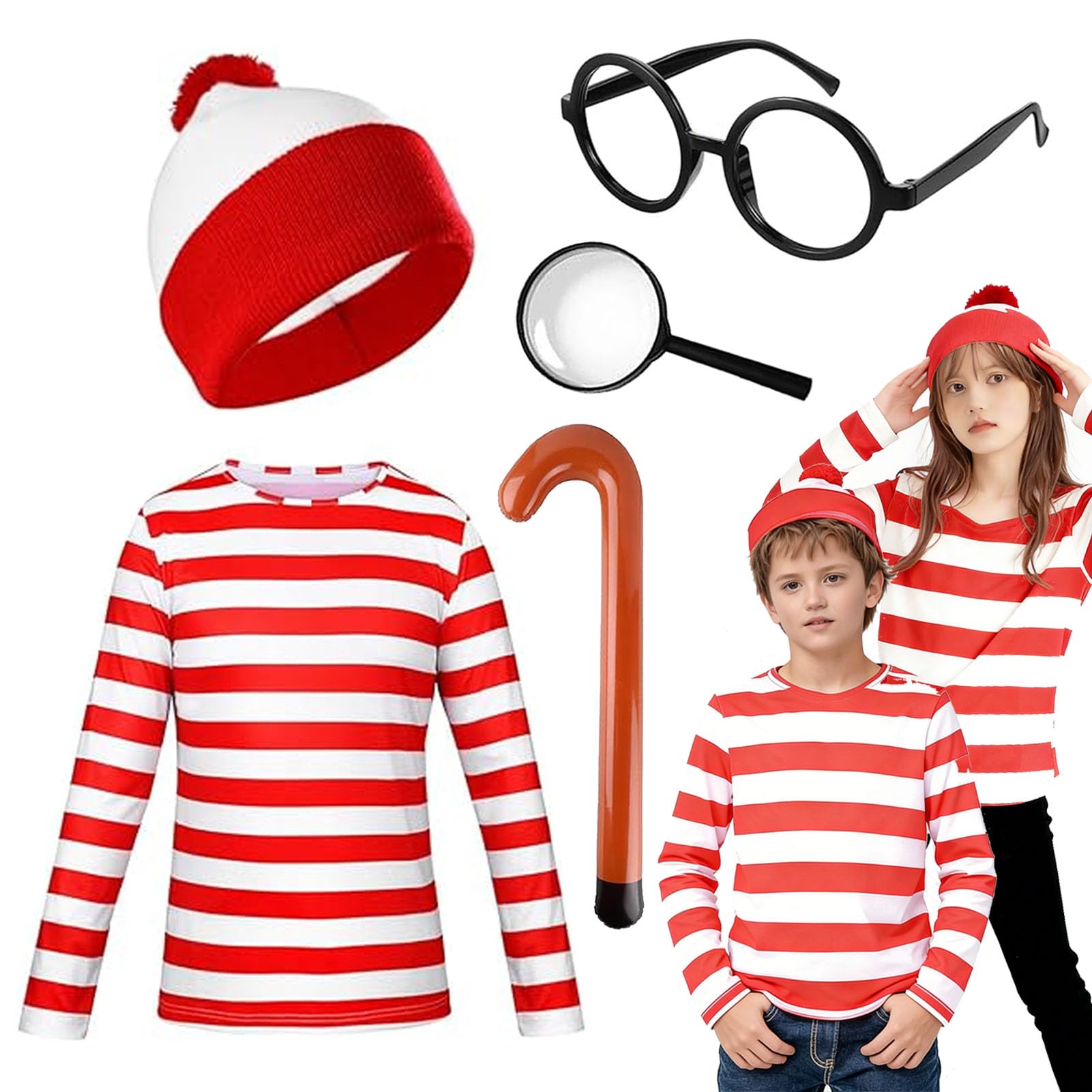 FCYQSD Wally Costume Outfit Set, Long Sleeve Red and White Stripe Top Beanie Hat Glasses Magnifying Glass for Halloween Christmas Party World Book Day (Kids, S)